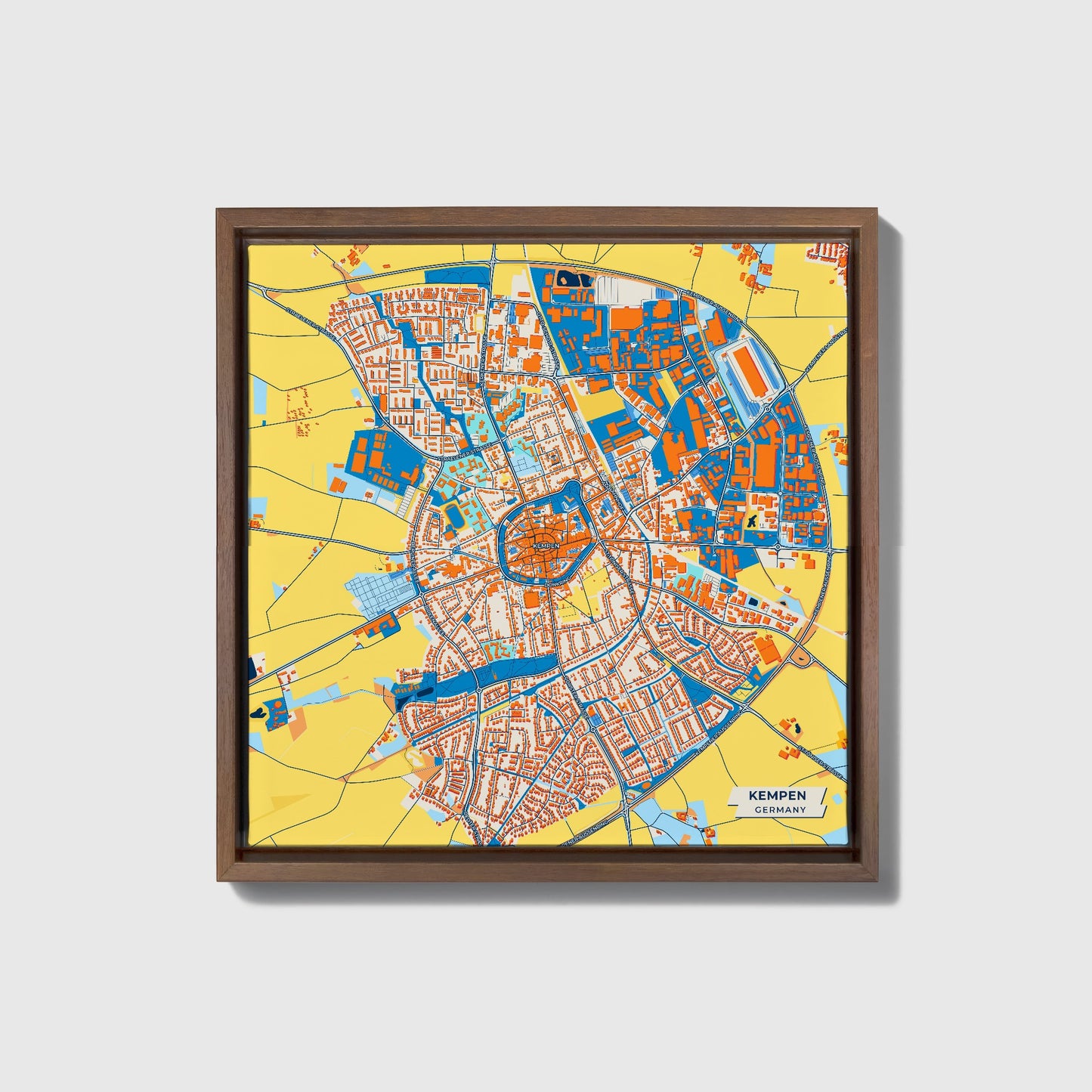 Kempen Germany Colorful City Map Canvas Print • Dark Wooden Framed