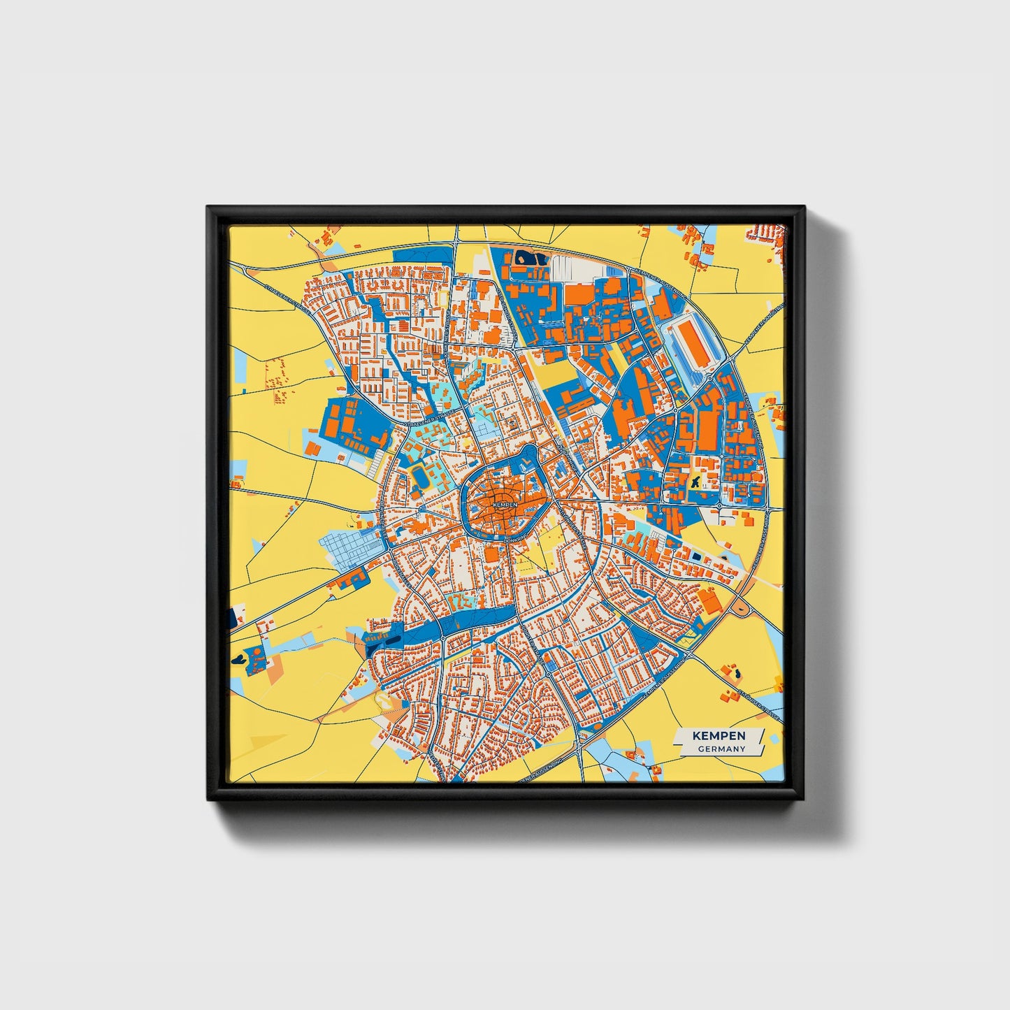 Kempen Germany Colorful City Map Canvas Print • Black Framed