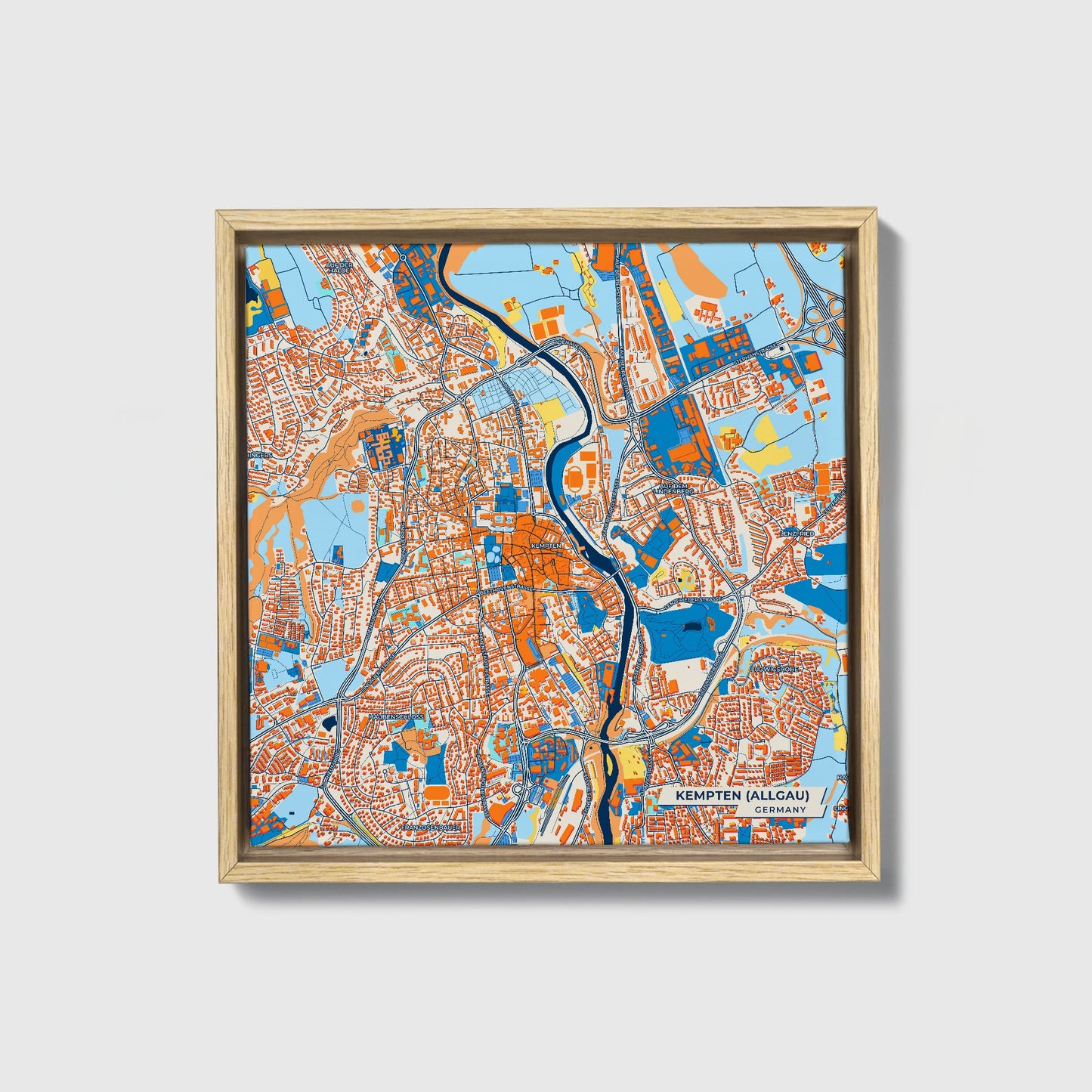 Kempten (Allgäu) Germany Colorful City Map Canvas Print • Natural Wooden Framed