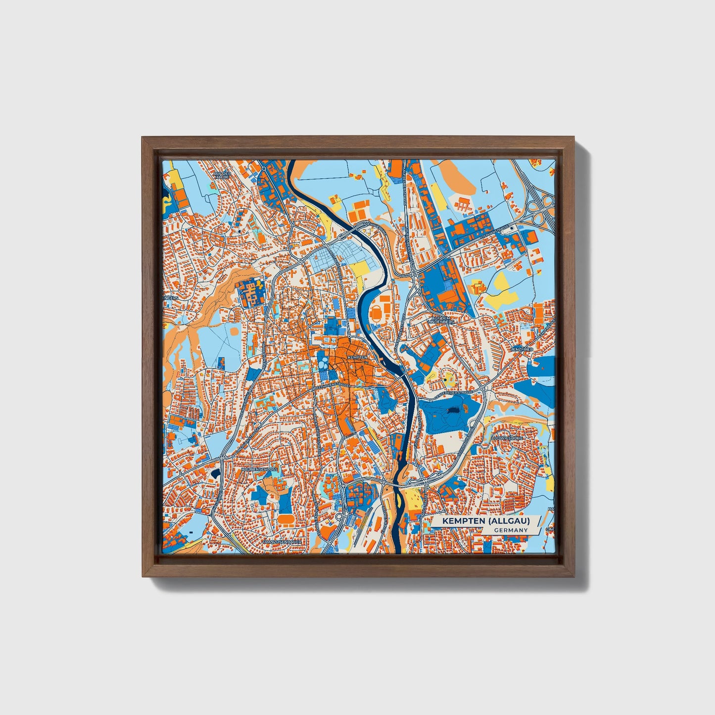 Kempten (Allgäu) Germany Colorful City Map Canvas Print • Dark Wooden Framed