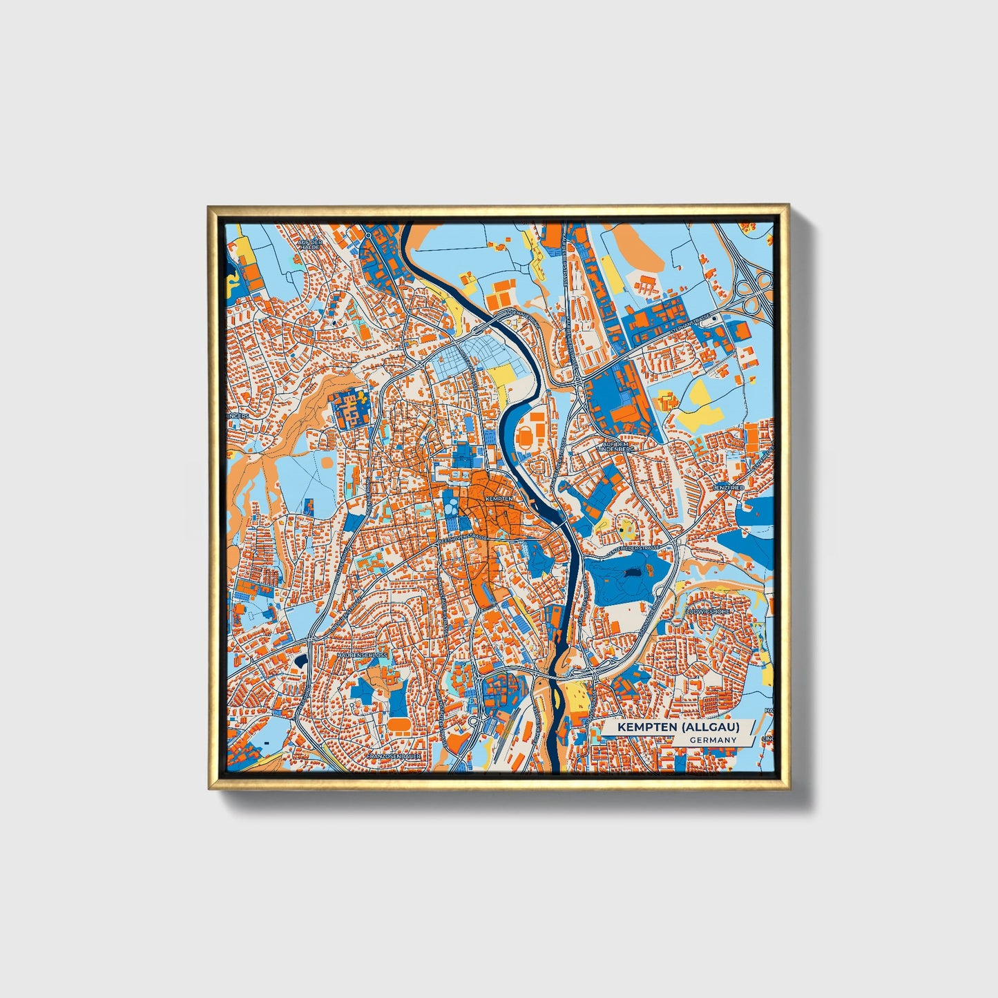 Kempten (Allgäu) Germany Colorful City Map Canvas Print • Gold Framed