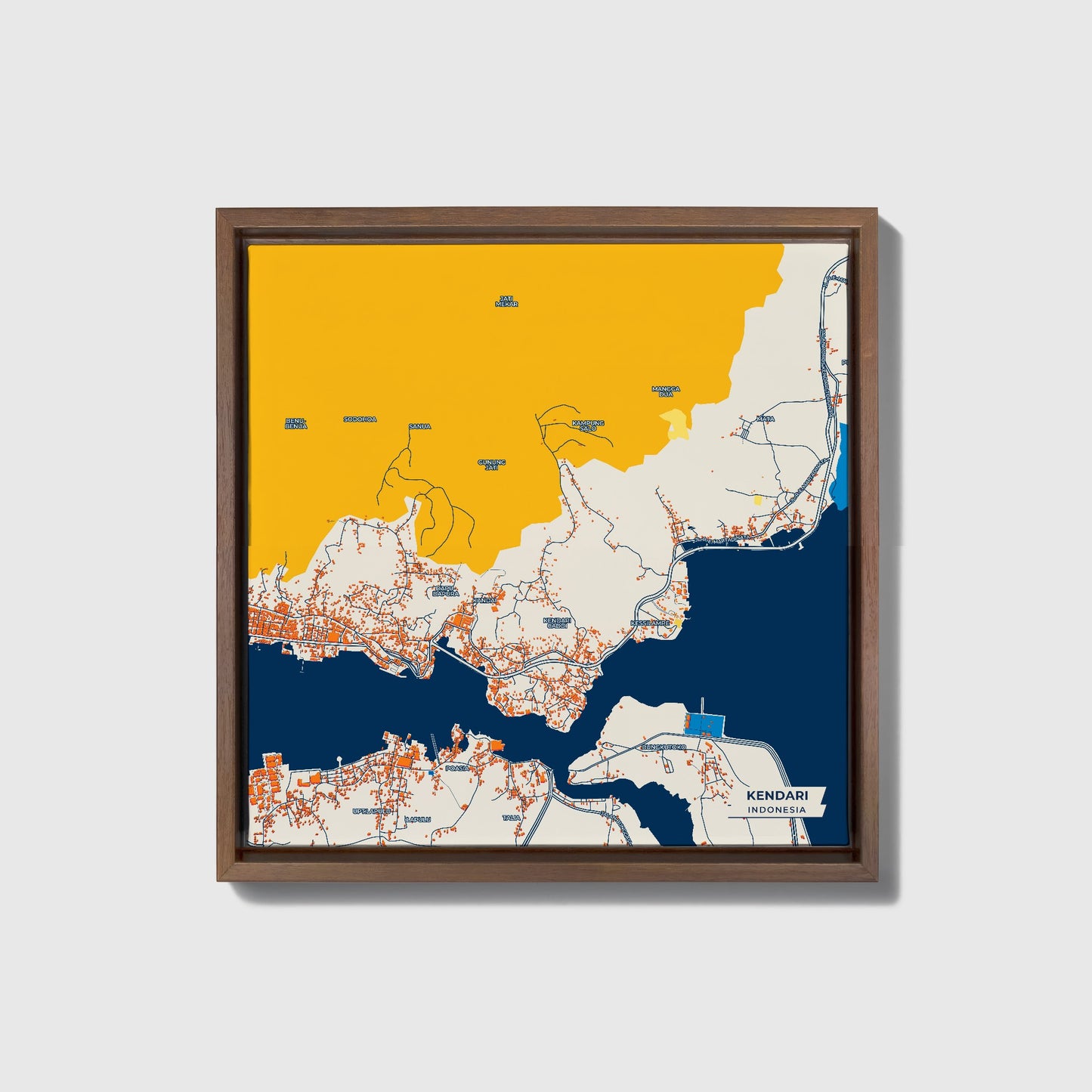 Kendari Indonesia Colorful City Map Canvas Print • Dark Wooden Framed