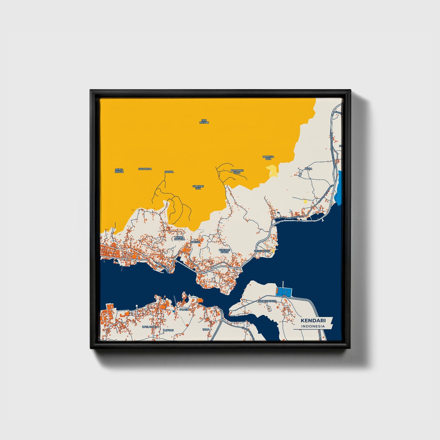 Kendari Indonesia Colorful City Map Canvas Print • Black Framed