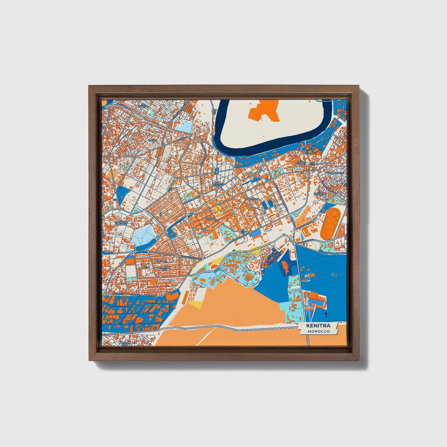 Kenitra Morocco Colorful City Map Canvas Print • Dark Wooden Framed