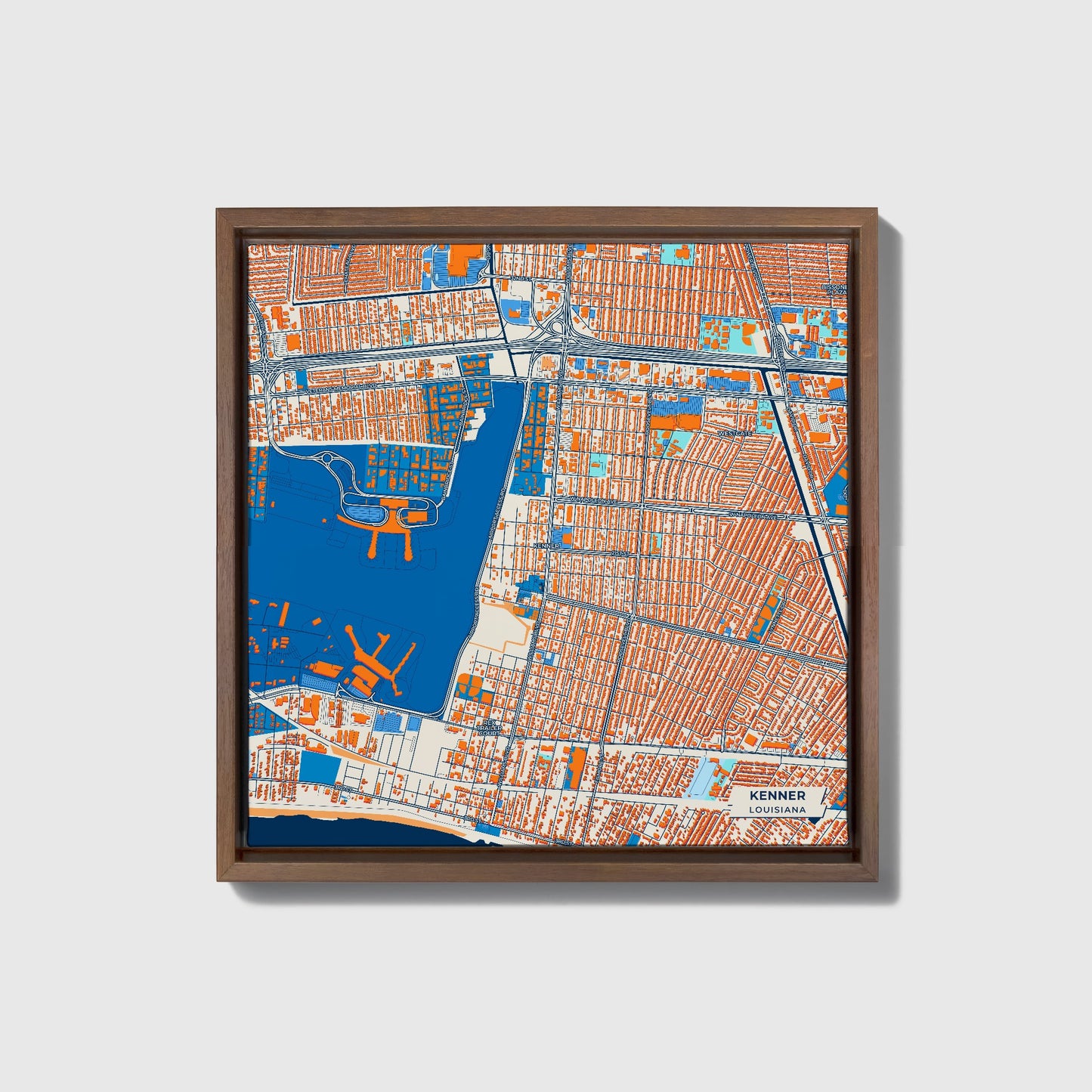Kenner Louisiana Colorful City Map Canvas Print • Dark Wooden Framed