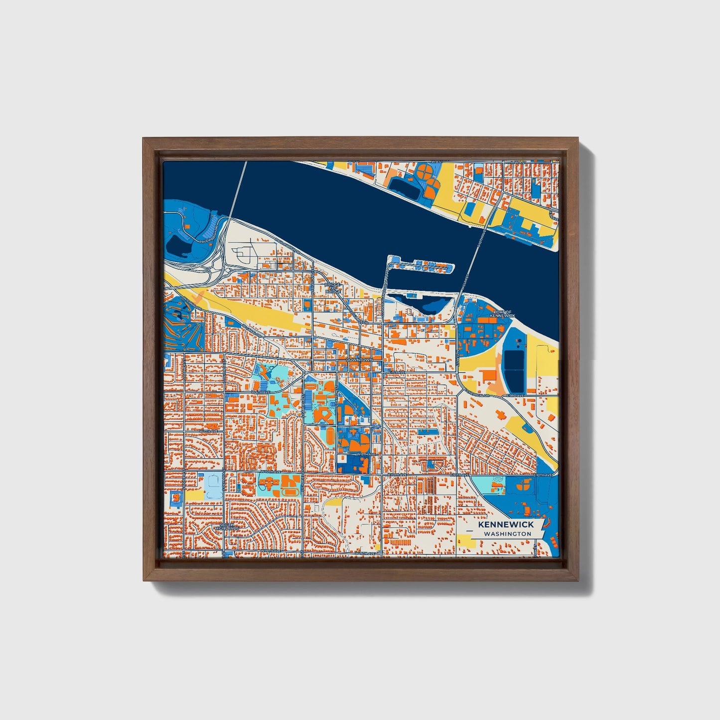 Kennewick Washington Colorful City Map Canvas Print • Dark Wooden Framed