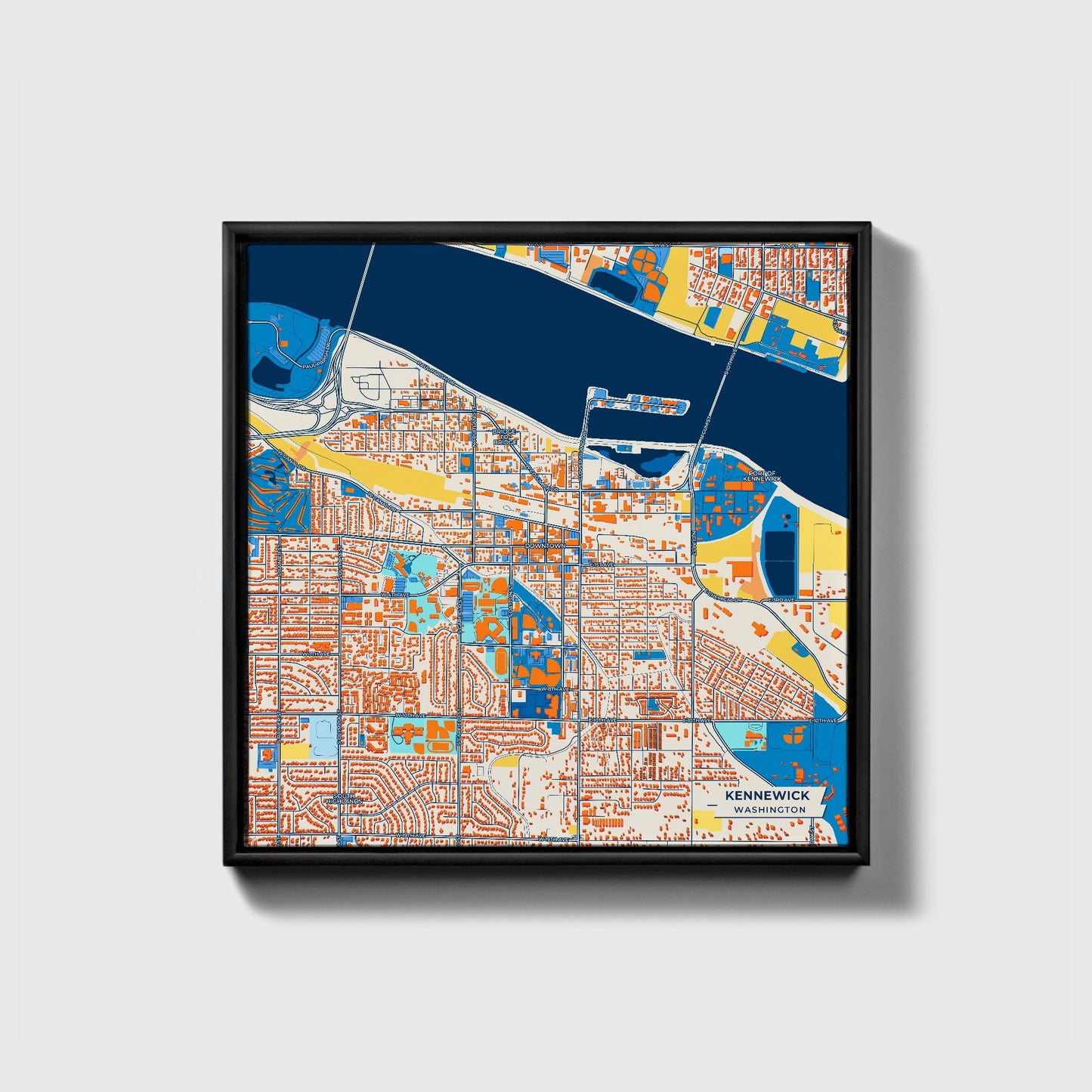 Kennewick Washington Colorful City Map Canvas Print • Black Framed