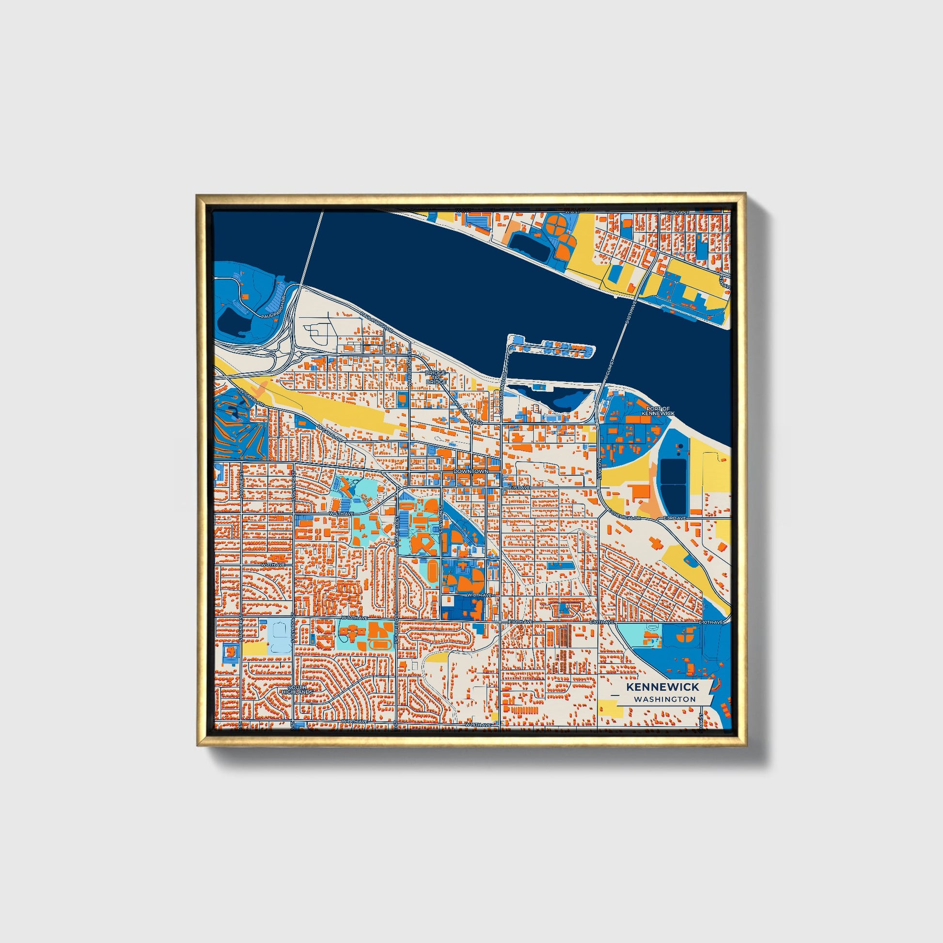 Kennewick Washington Colorful City Map Canvas Print • Gold Framed