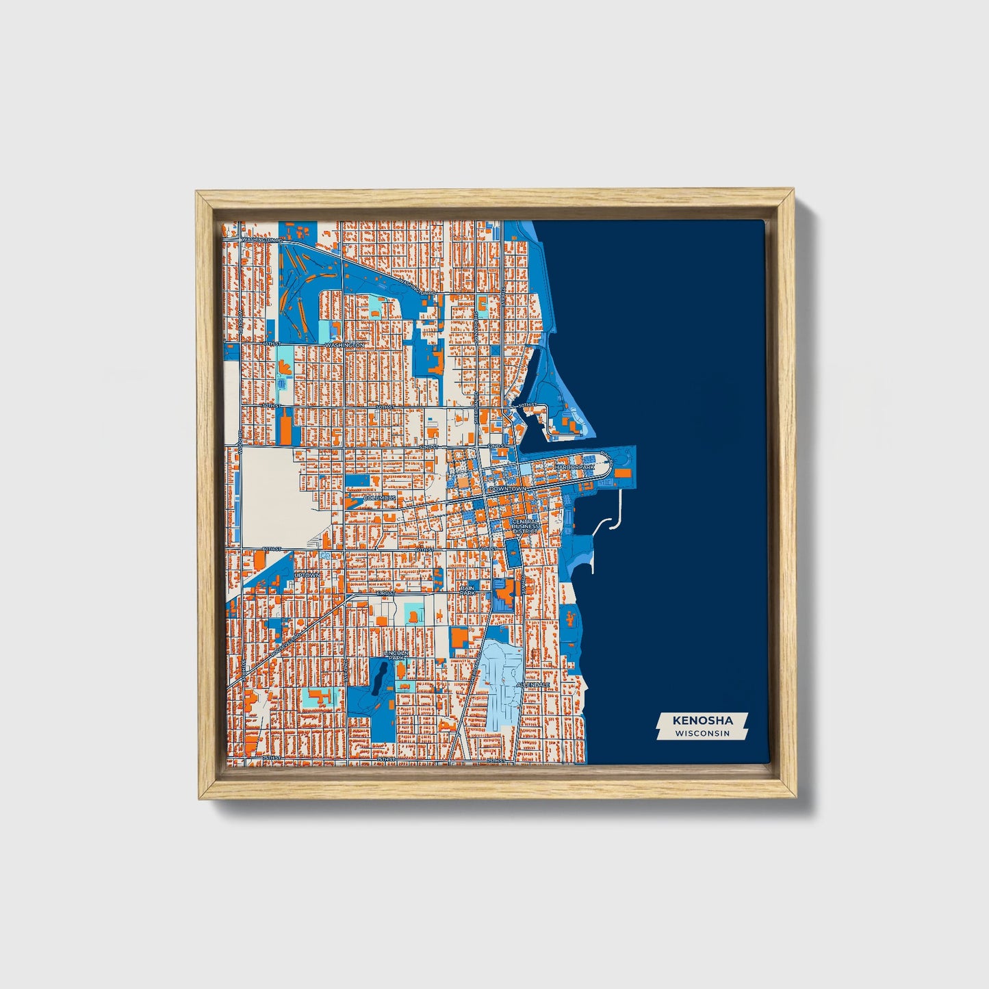 Kenosha Wisconsin Colorful City Map Canvas Print • Natural Wooden Framed