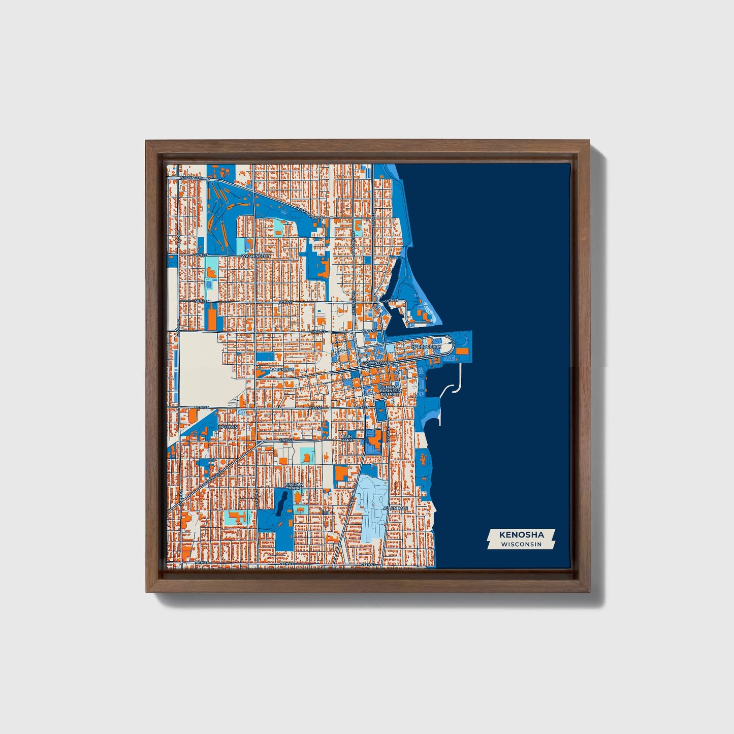 Kenosha Wisconsin Colorful City Map Canvas Print • Dark Wooden Framed