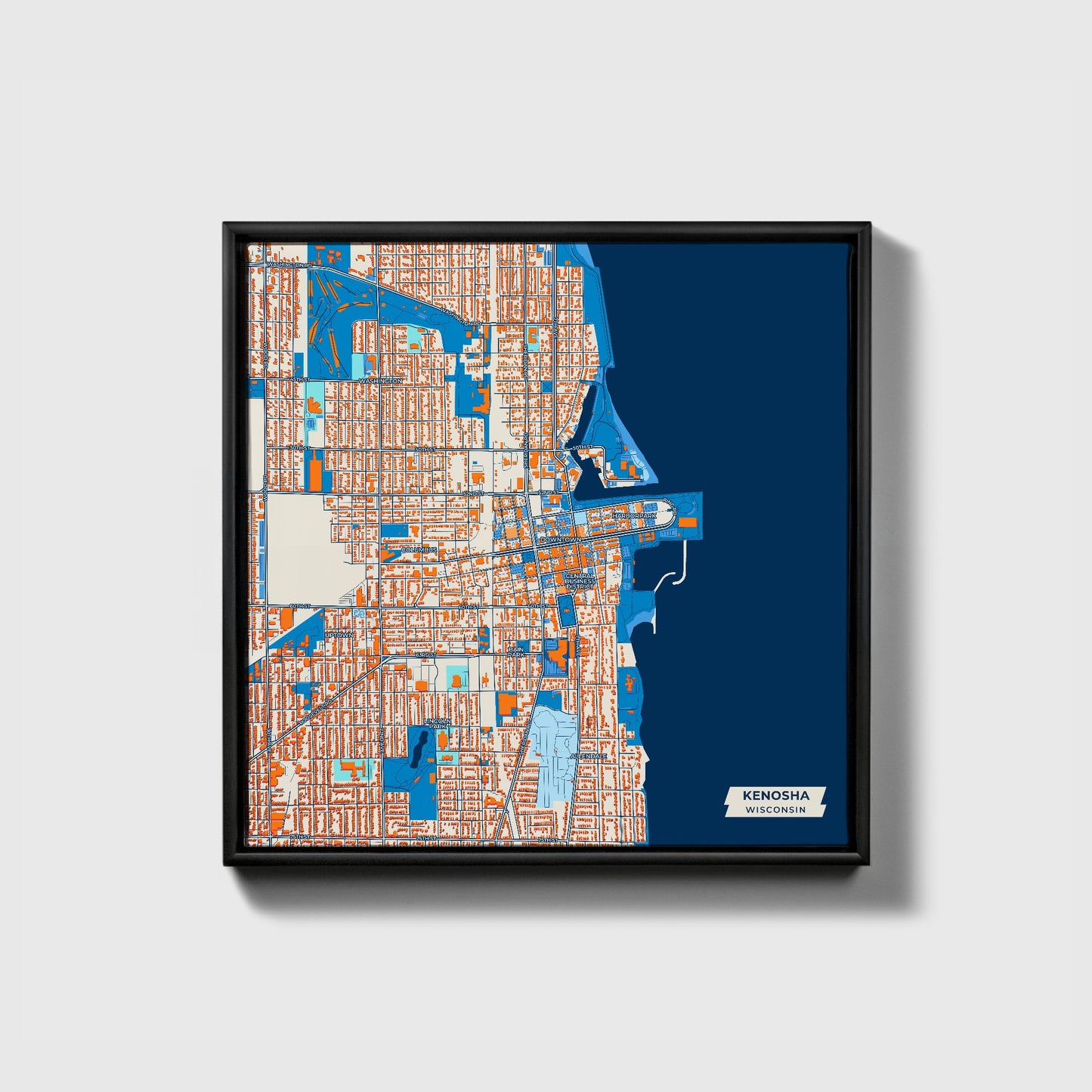 Kenosha Wisconsin Colorful City Map Canvas Print • Black Framed