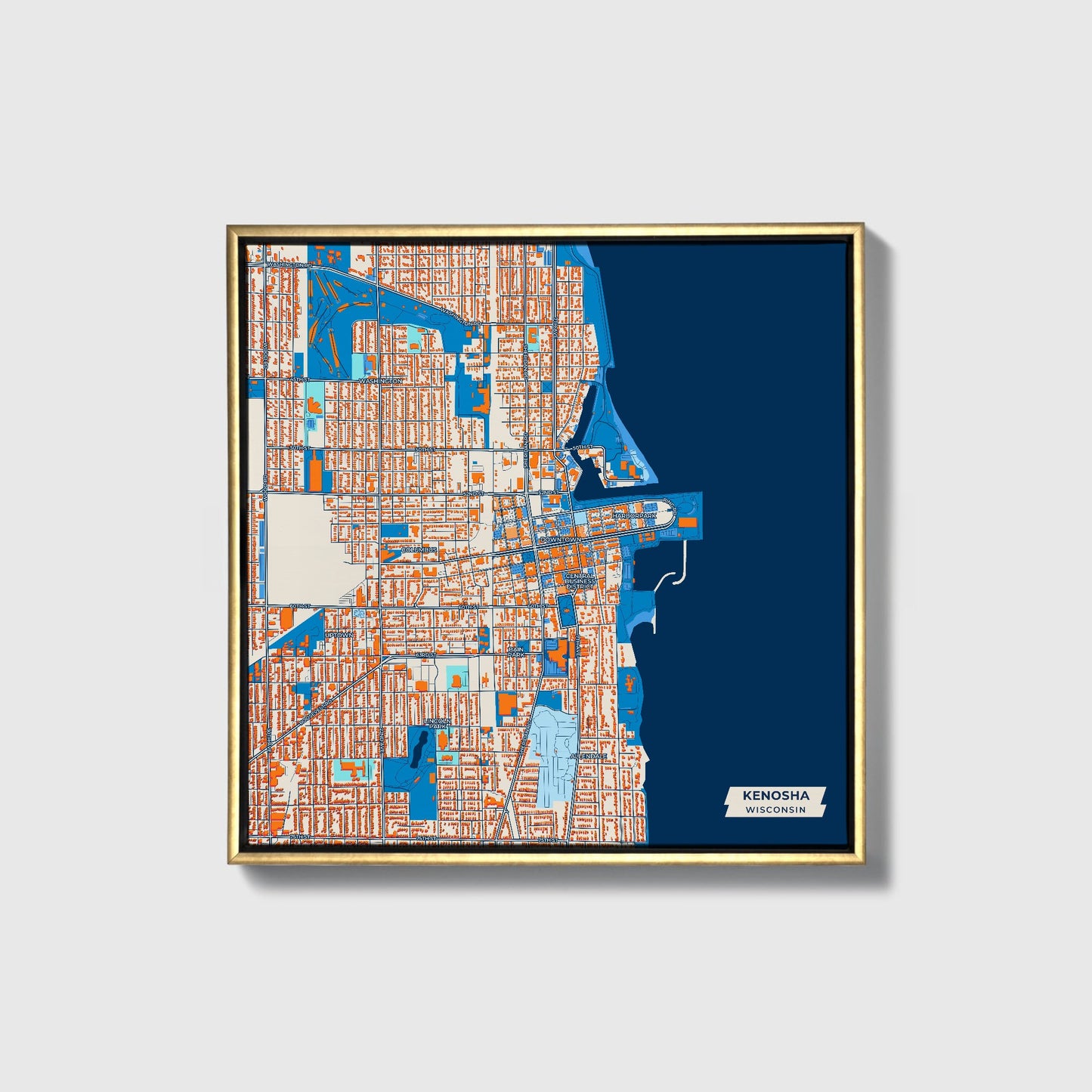 Kenosha Wisconsin Colorful City Map Canvas Print • Gold Framed