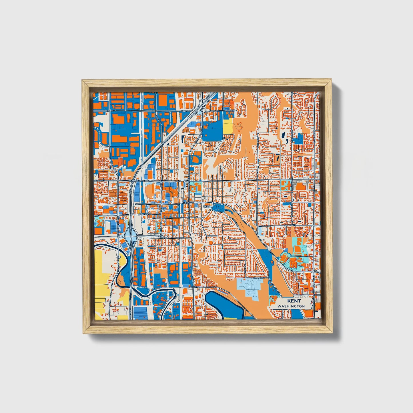 Kent Washington Colorful City Map Canvas Print • Natural Wooden Framed