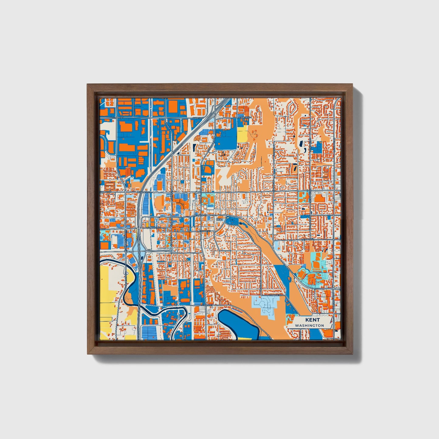 Kent Washington Colorful City Map Canvas Print • Dark Wooden Framed