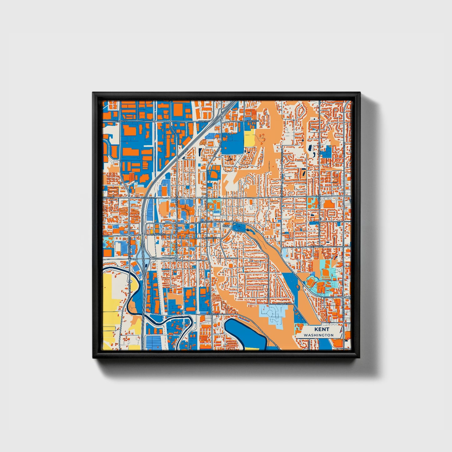 Kent Washington Colorful City Map Canvas Print • Black Framed