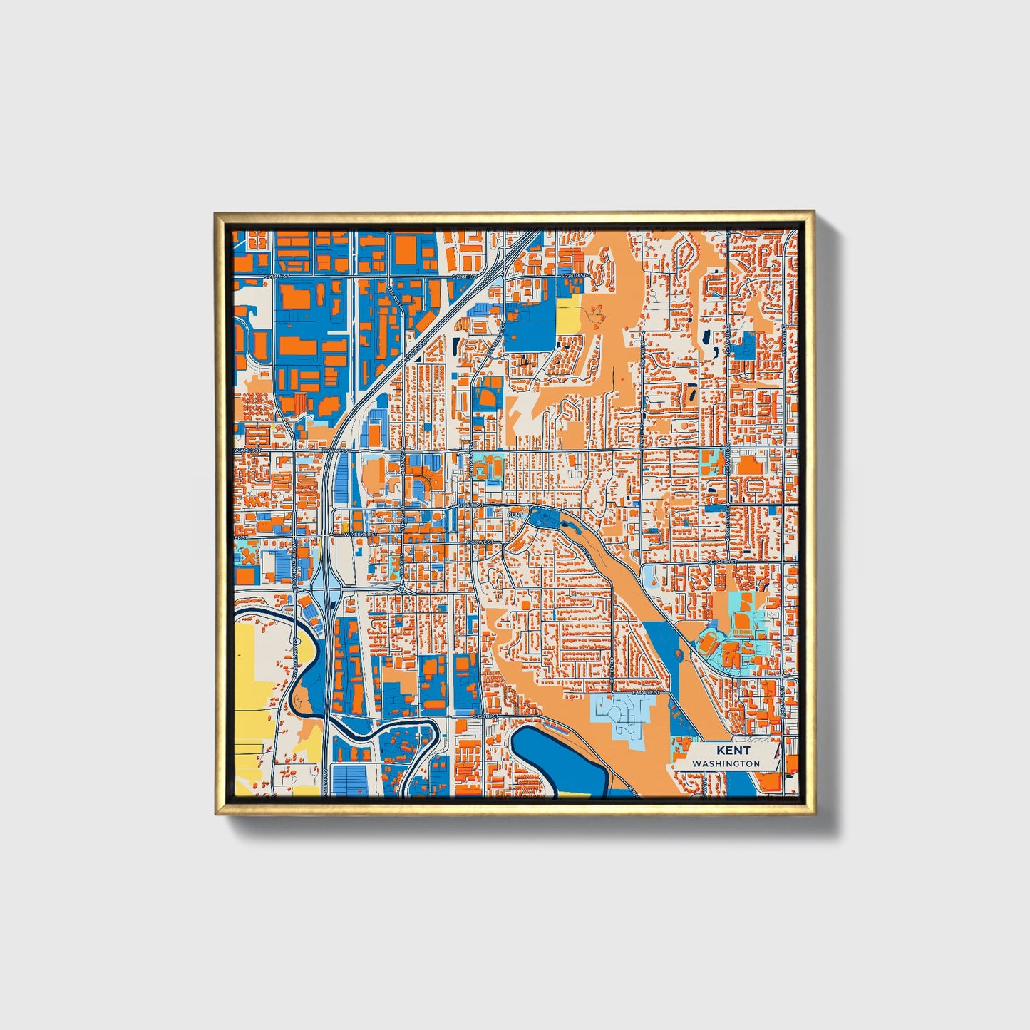 Kent Washington Colorful City Map Canvas Print • Gold Framed