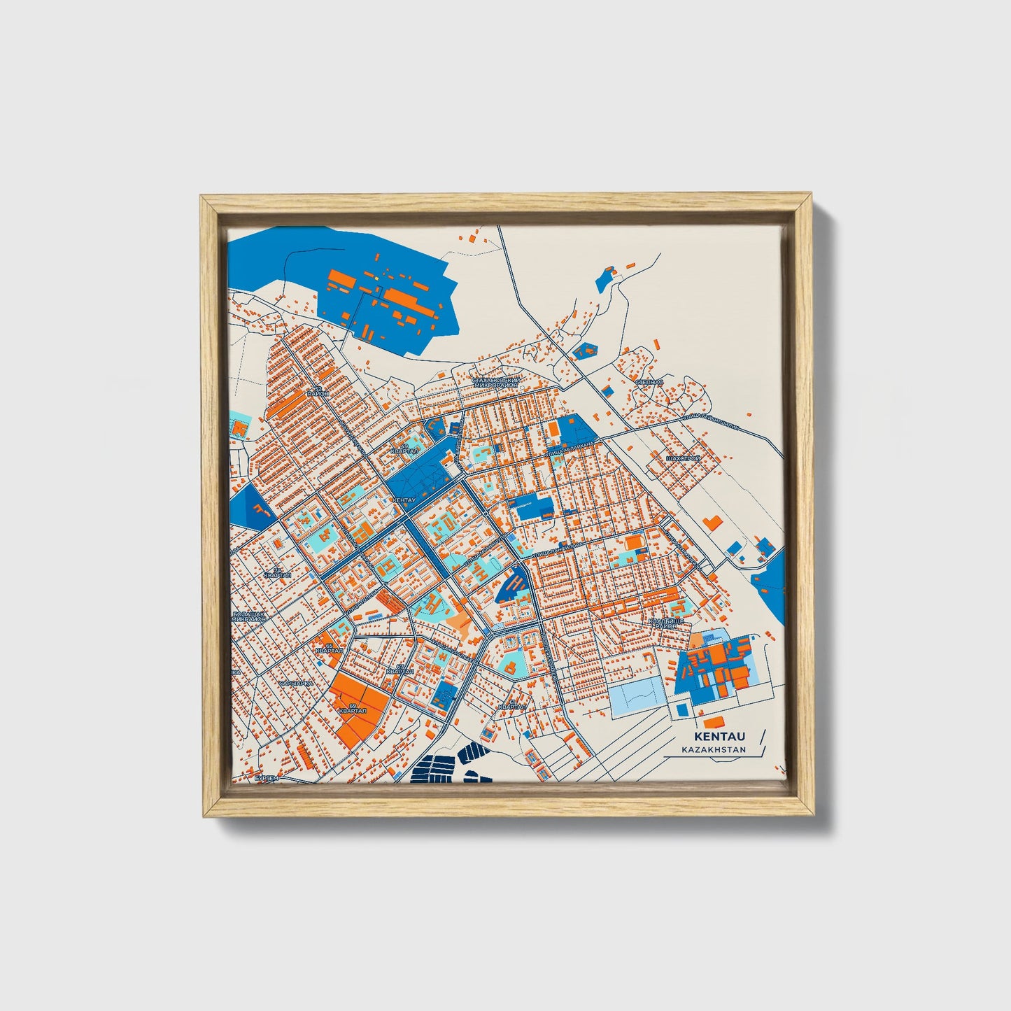 Kentau Kazakhstan Colorful City Map Canvas Print • Natural Wooden Framed