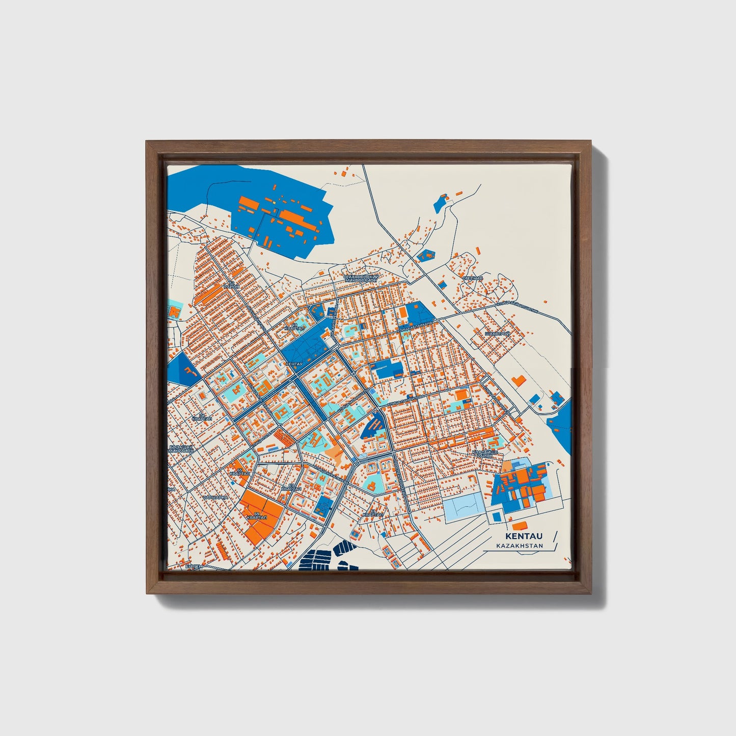 Kentau Kazakhstan Colorful City Map Canvas Print • Dark Wooden Framed