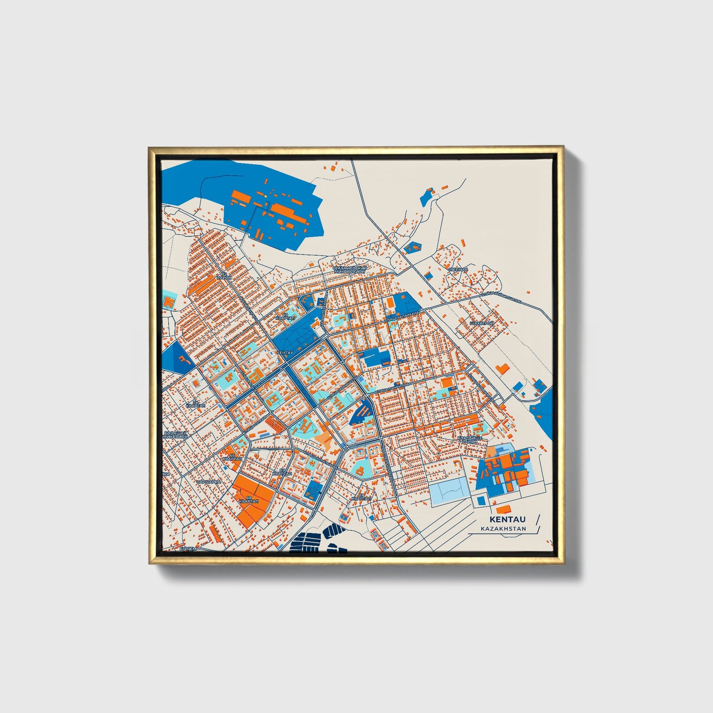 Kentau Kazakhstan Colorful City Map Canvas Print • Gold Framed