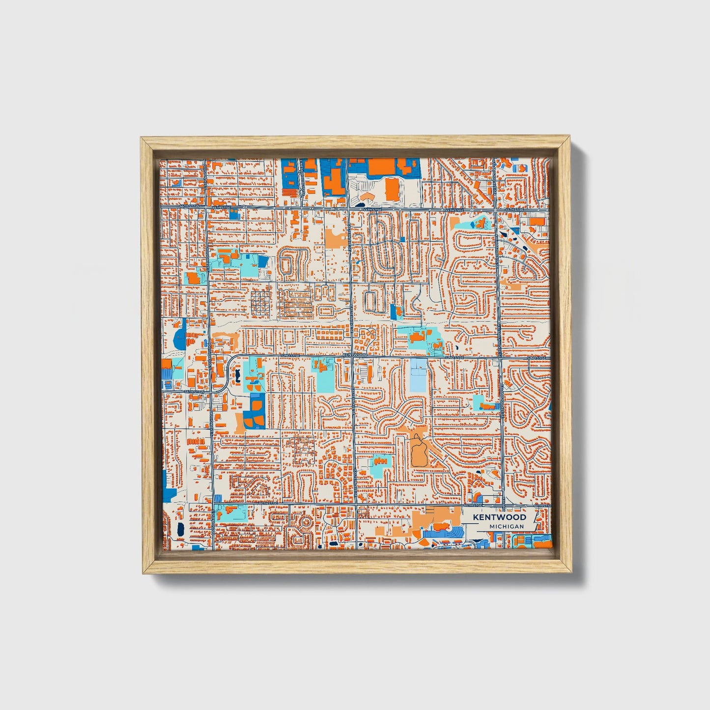 Kentwood Michigan Colorful City Map Canvas Print • Natural Wooden Framed