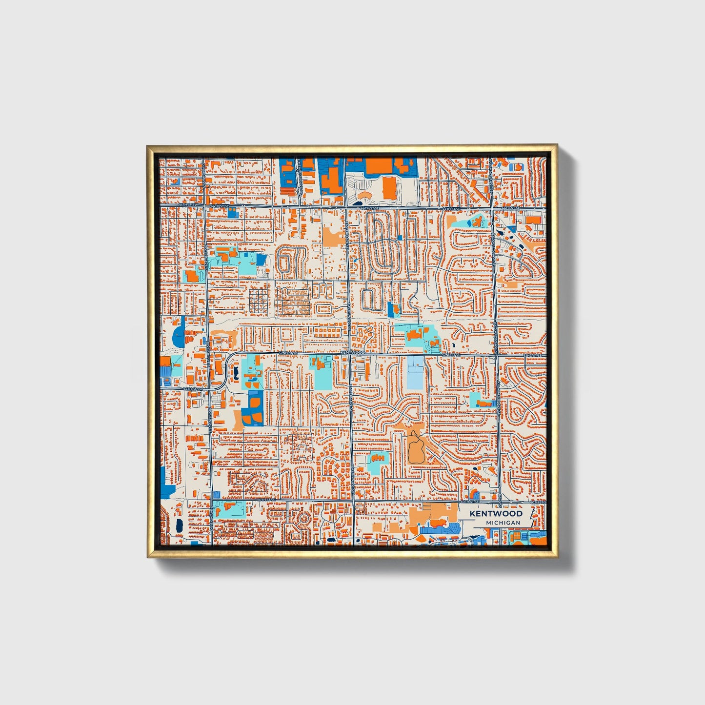 Kentwood Michigan Colorful City Map Canvas Print • Gold Framed