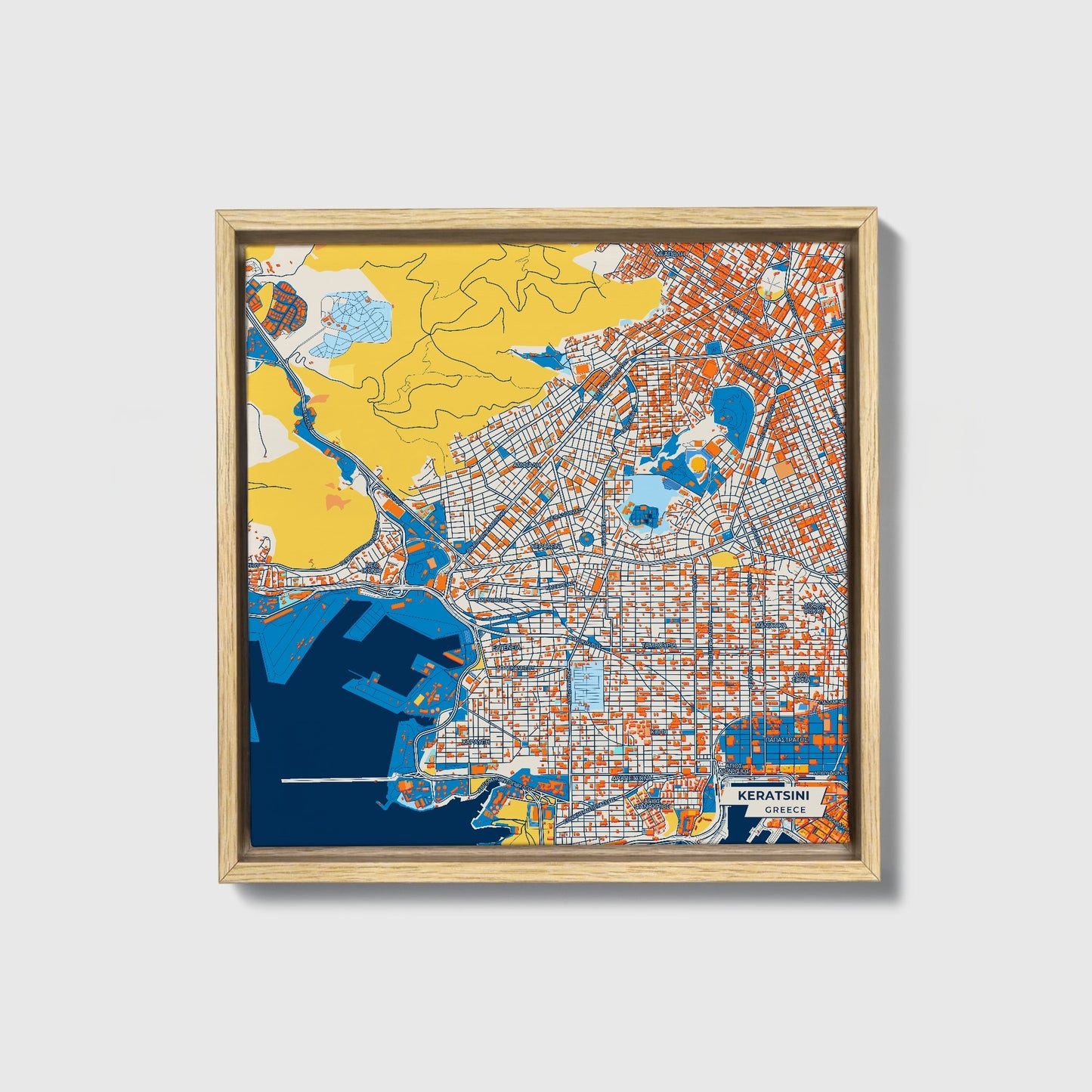 Κερατσινι Greece Colorful City Map Canvas Print • Natural Wooden Framed
