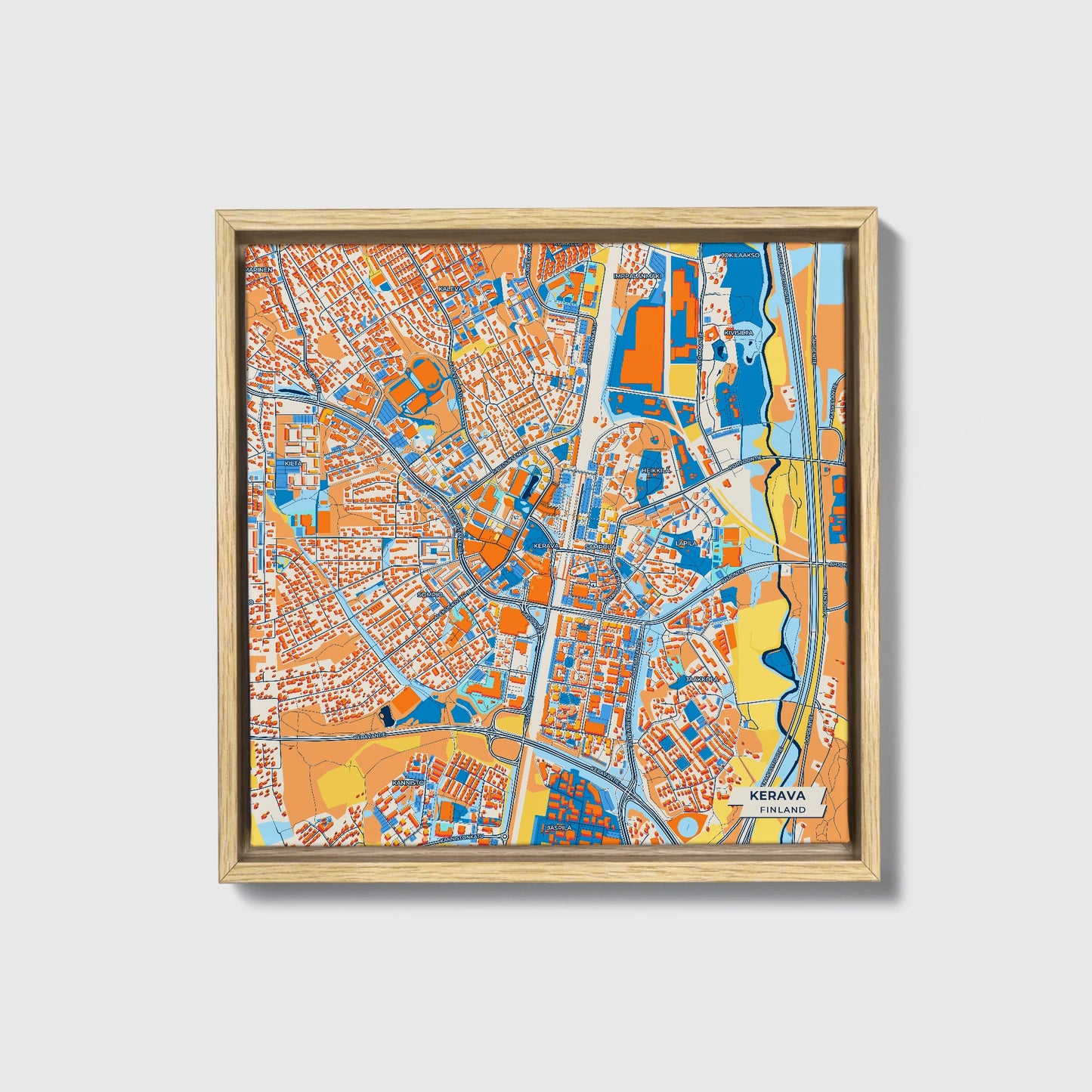 Kerava Finland Colorful City Map Canvas Print • Natural Wooden Framed
