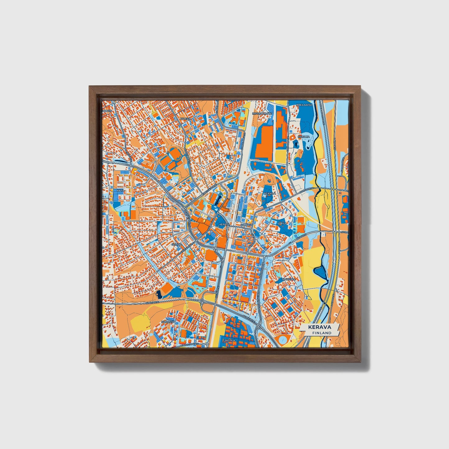 Kerava Finland Colorful City Map Canvas Print • Dark Wooden Framed