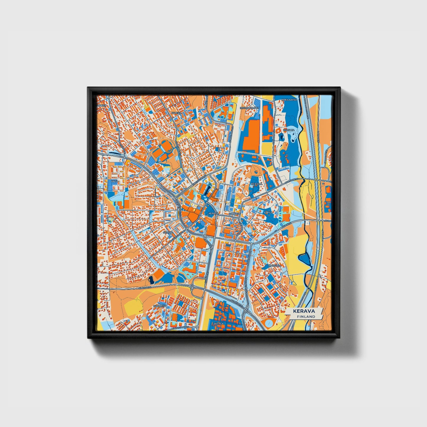 Kerava Finland Colorful City Map Canvas Print • Black Framed