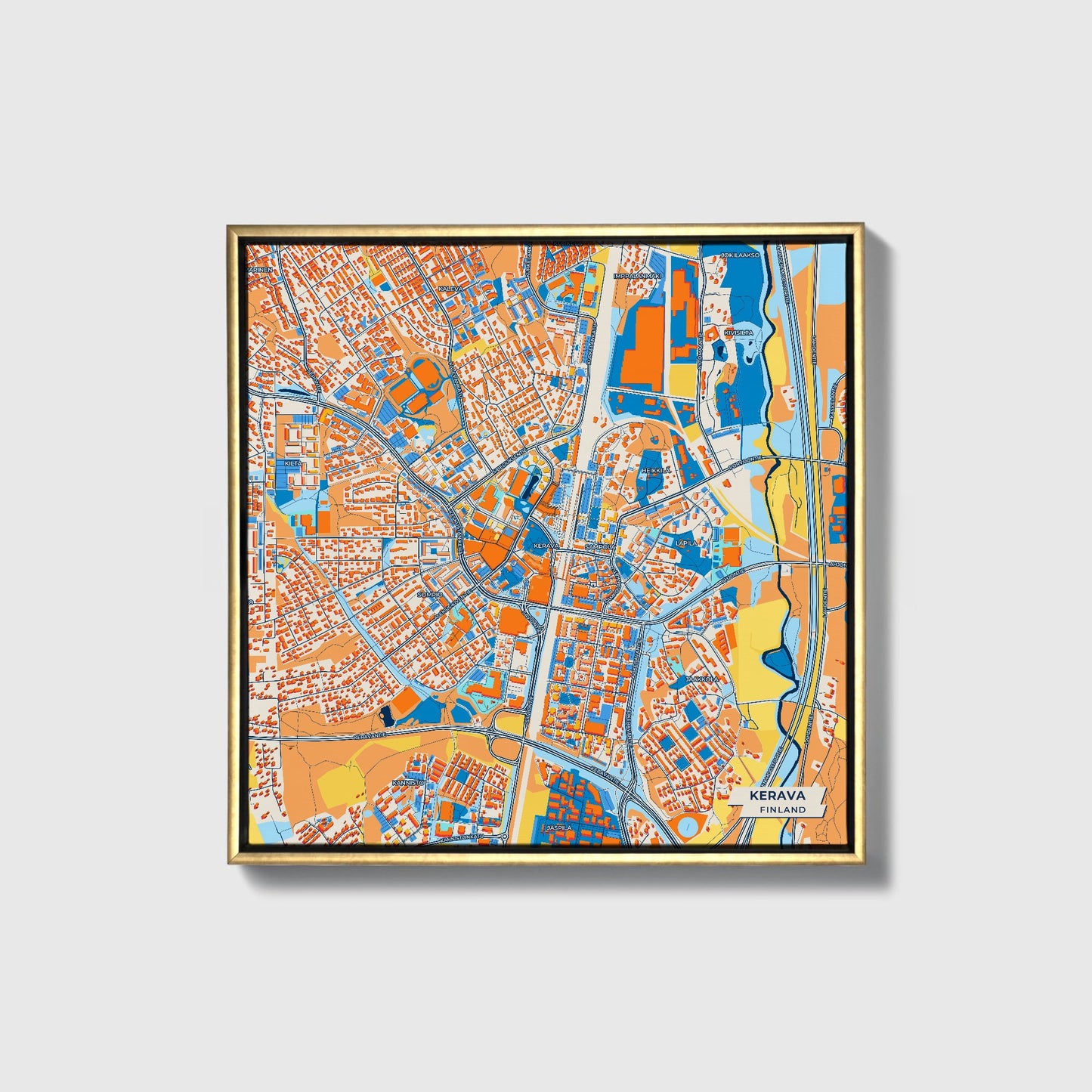 Kerava Finland Colorful City Map Canvas Print • Gold Framed