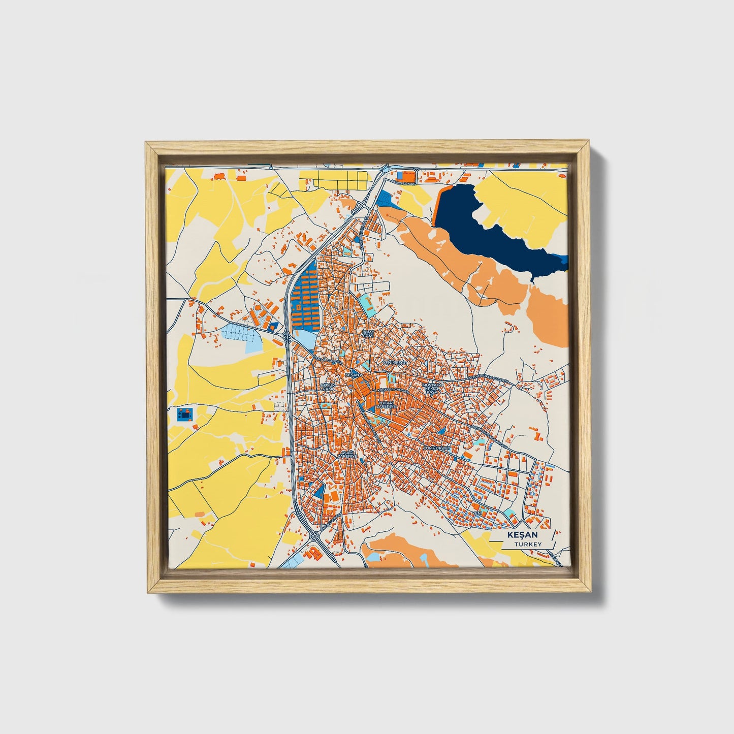 Keşan Turkey Colorful City Map Canvas Print • Natural Wooden Framed