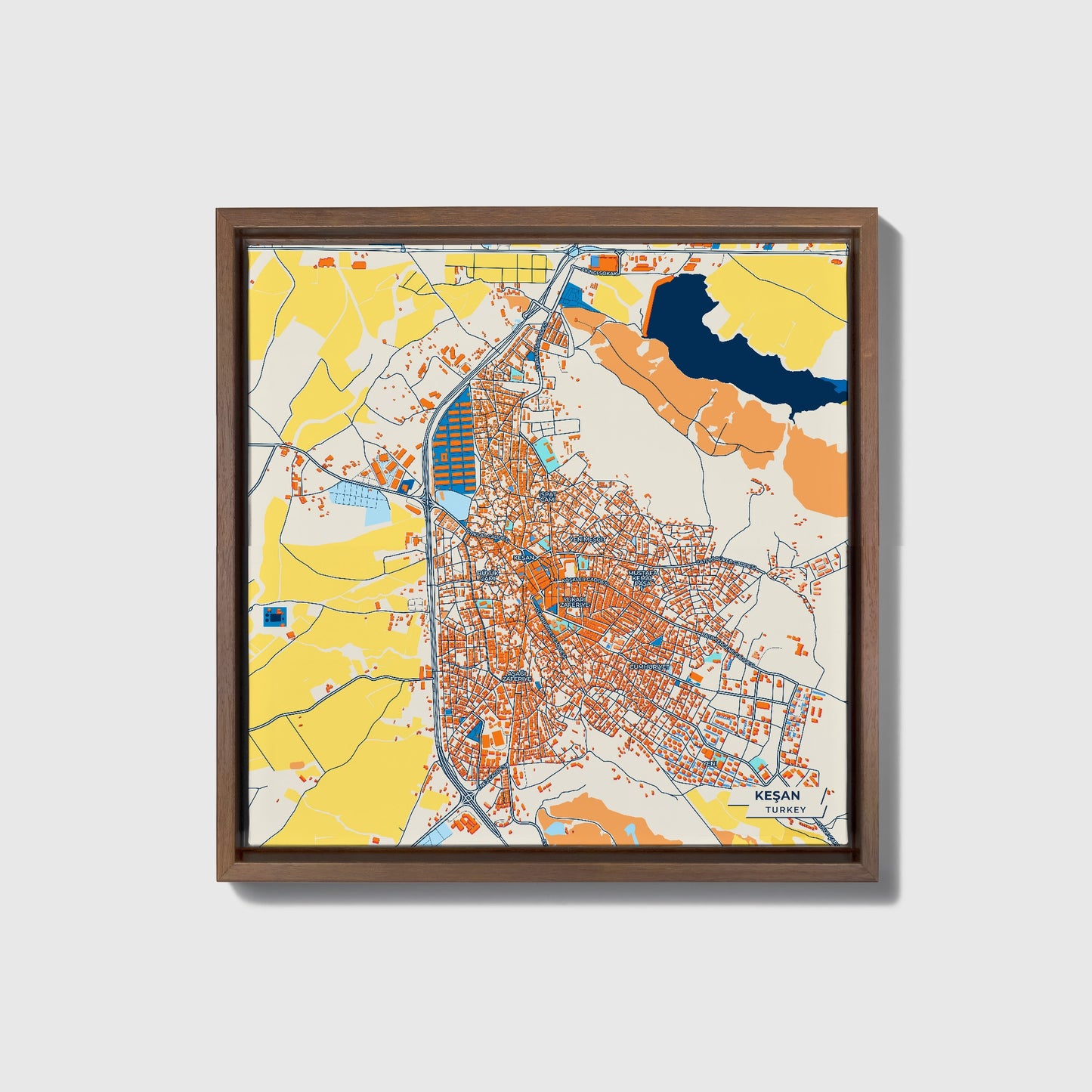 Keşan Turkey Colorful City Map Canvas Print • Dark Wooden Framed