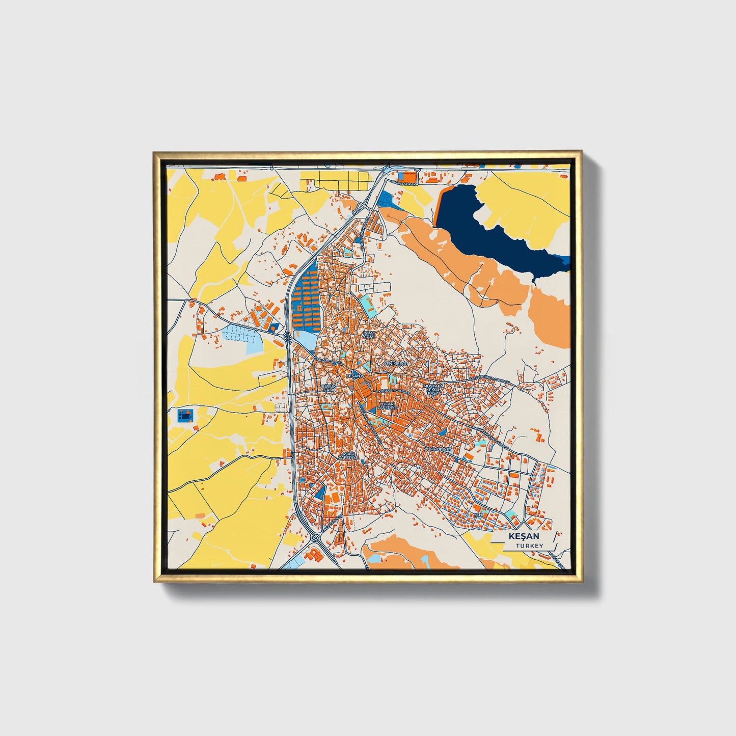 Keşan Turkey Colorful City Map Canvas Print • Gold Framed