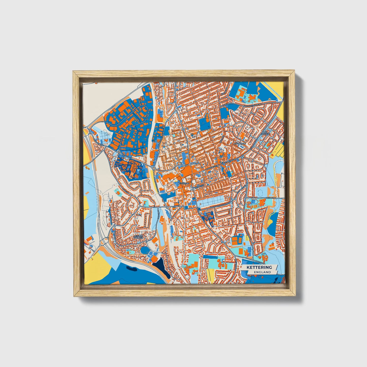 Kettering England Colorful City Map Canvas Print • Natural Wooden Framed