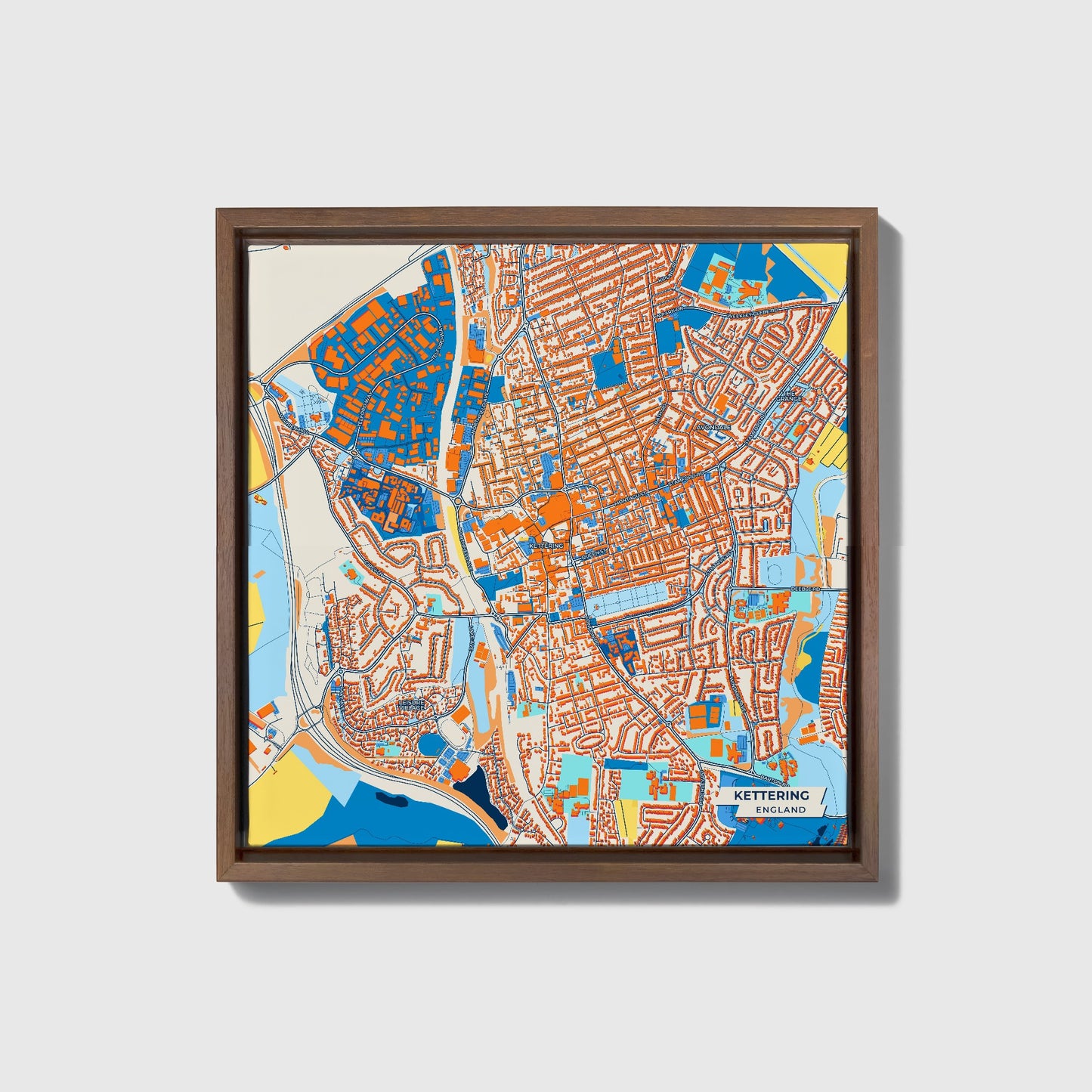 Kettering England Colorful City Map Canvas Print • Dark Wooden Framed