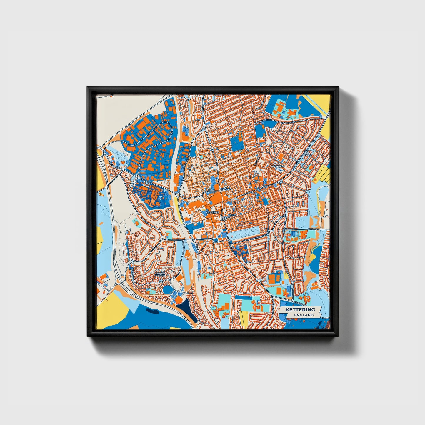 Kettering England Colorful City Map Canvas Print • Black Framed