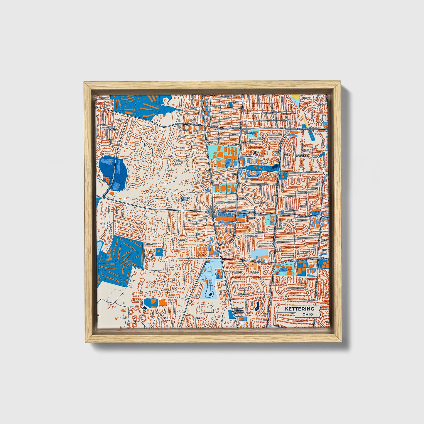 Kettering Ohio Colorful City Map Canvas Print • Natural Wooden Framed