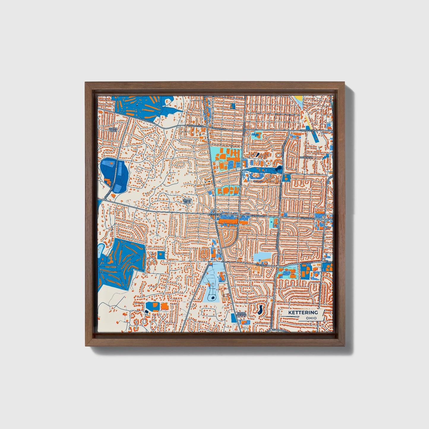 Kettering Ohio Colorful City Map Canvas Print • Dark Wooden Framed
