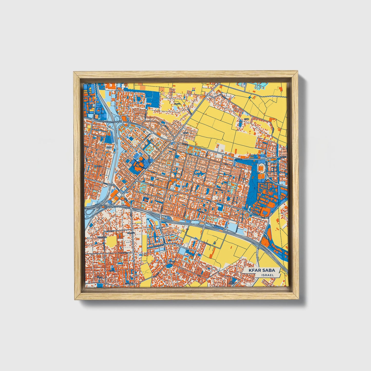 Kfar Saba Israel Colorful City Map Canvas Print • Natural Wooden Framed