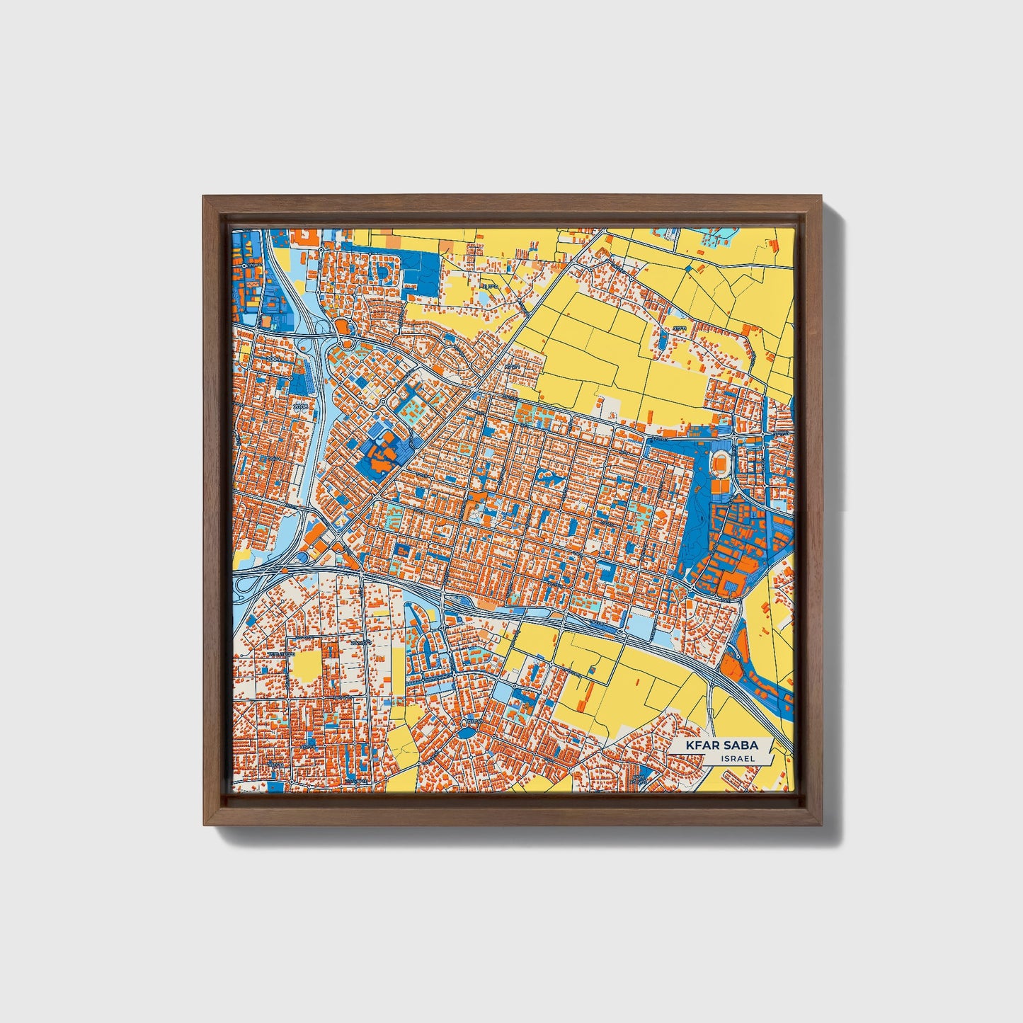 Kfar Saba Israel Colorful City Map Canvas Print • Dark Wooden Framed