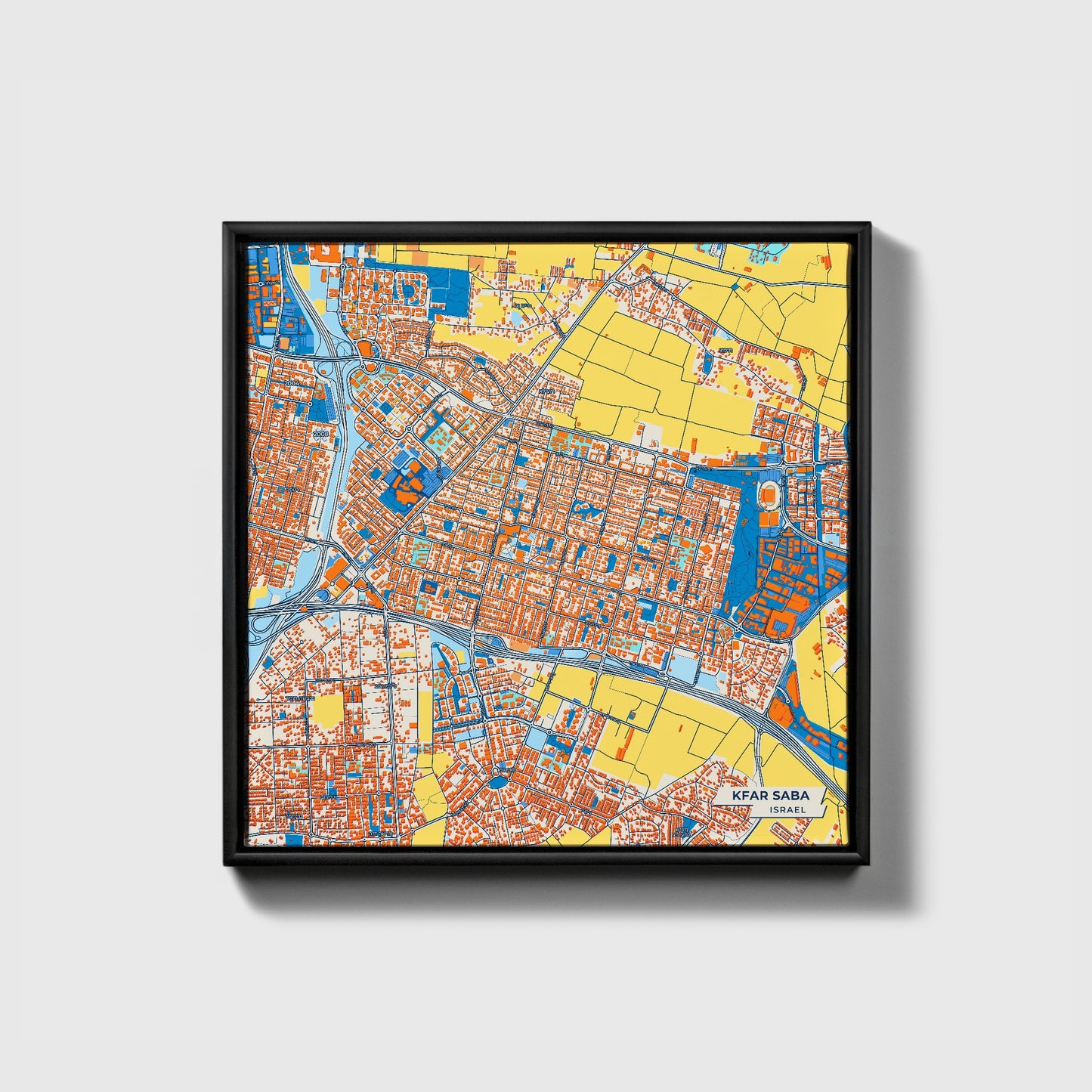 Kfar Saba Israel Colorful City Map Canvas Print • Black Framed