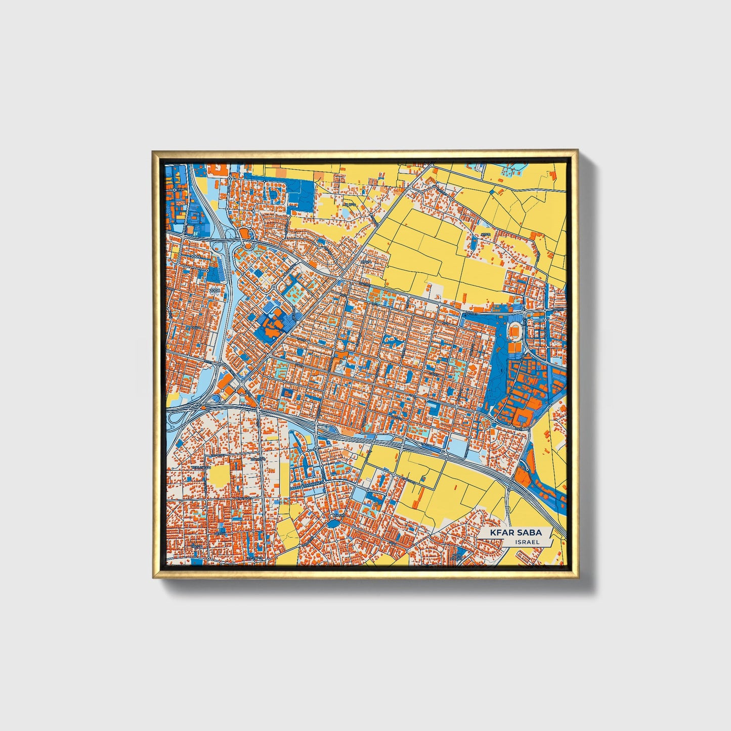 Kfar Saba Israel Colorful City Map Canvas Print • Gold Framed