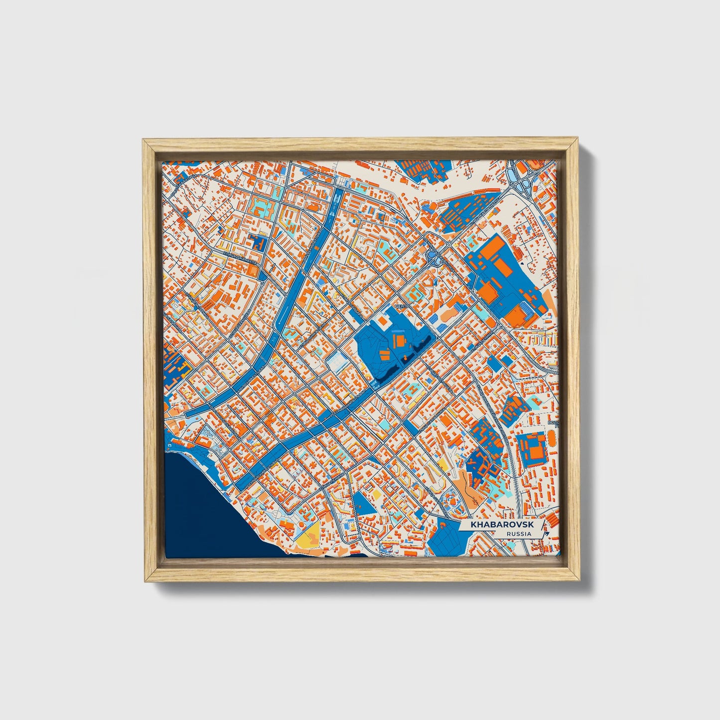 Хабаровск Russia Colorful City Map Canvas Print • Natural Wooden Framed