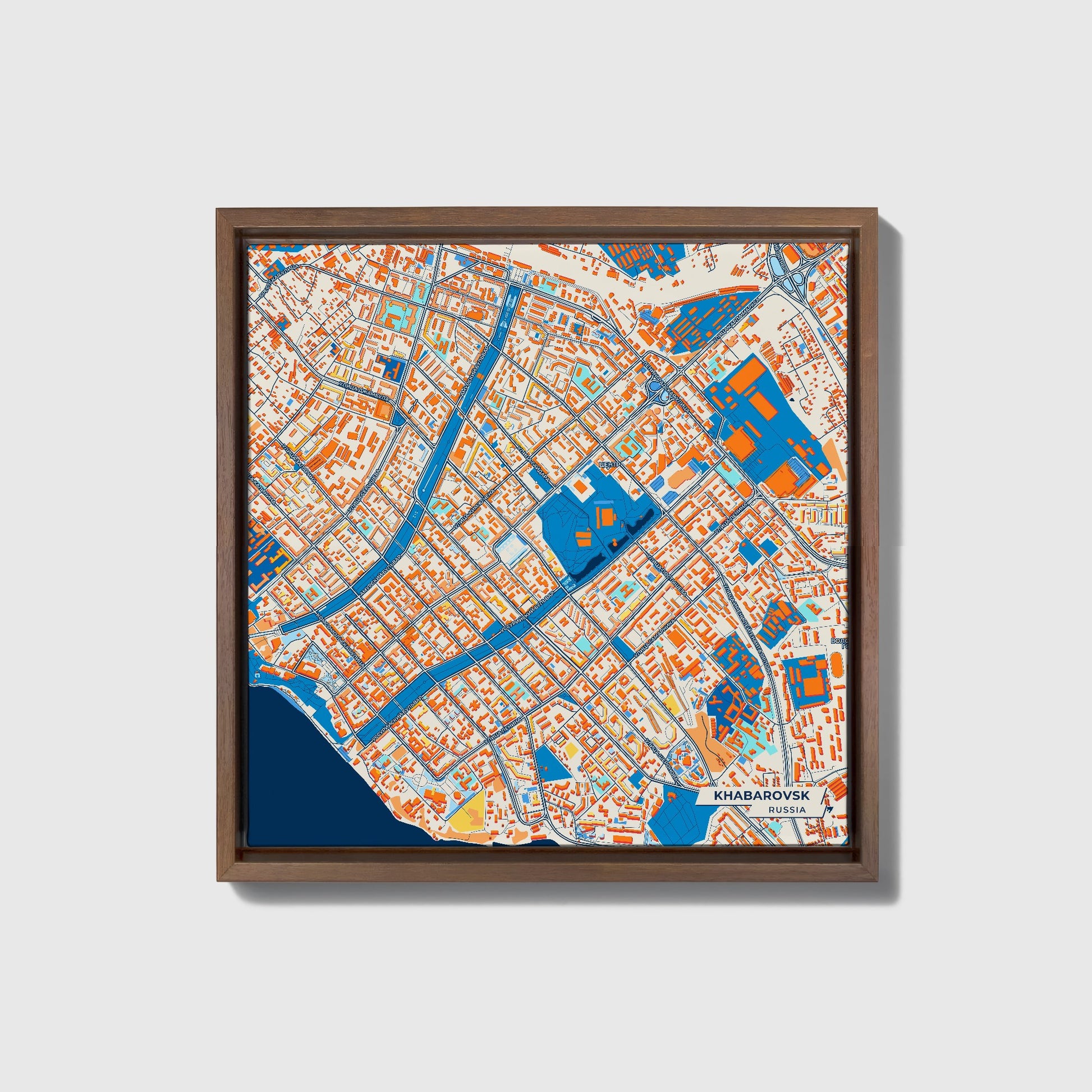 Хабаровск Russia Colorful City Map Canvas Print • Dark Wooden Framed
