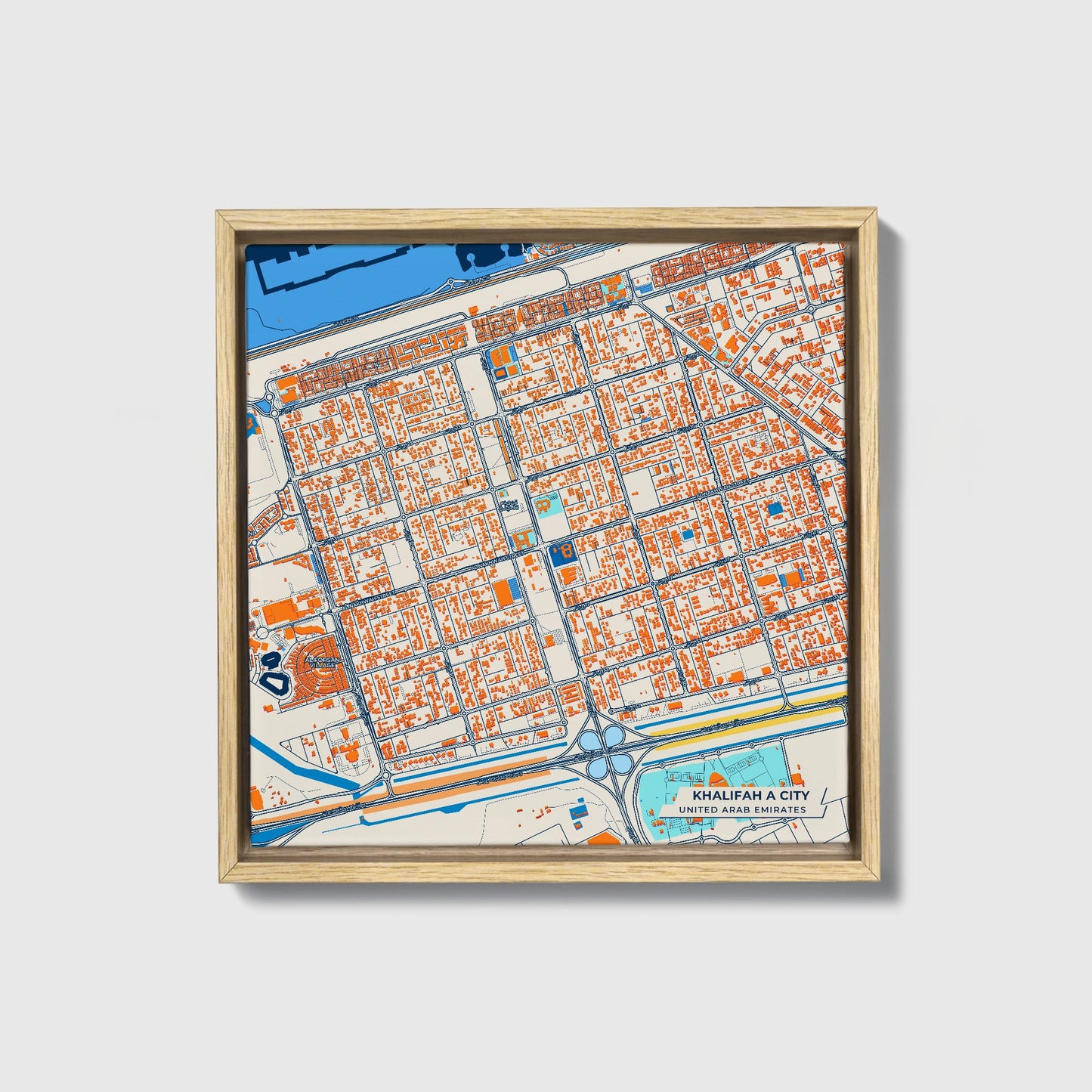 Khalifah A City United Arab Emirates Colorful City Map Canvas Print • Natural Wooden Framed