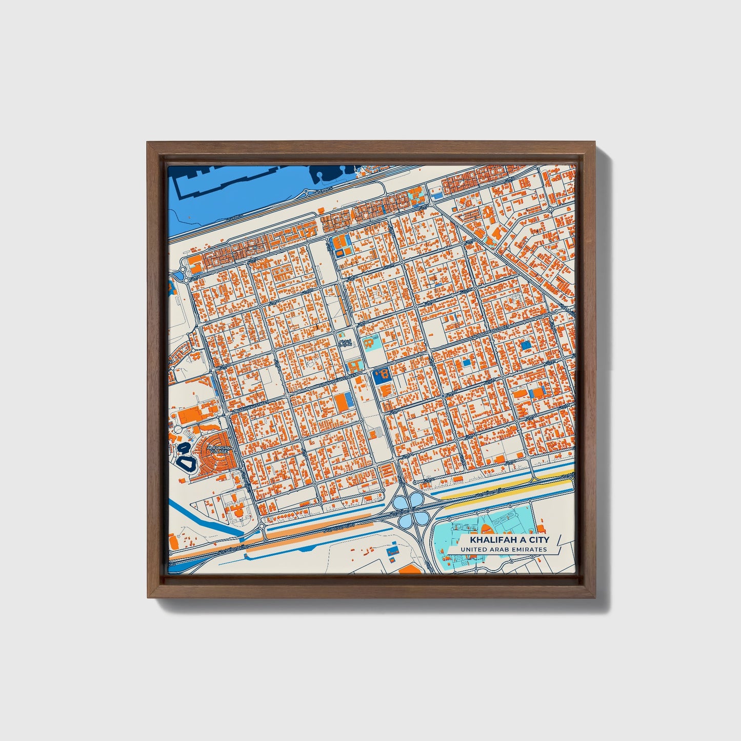 Khalifah A City United Arab Emirates Colorful City Map Canvas Print • Dark Wooden Framed