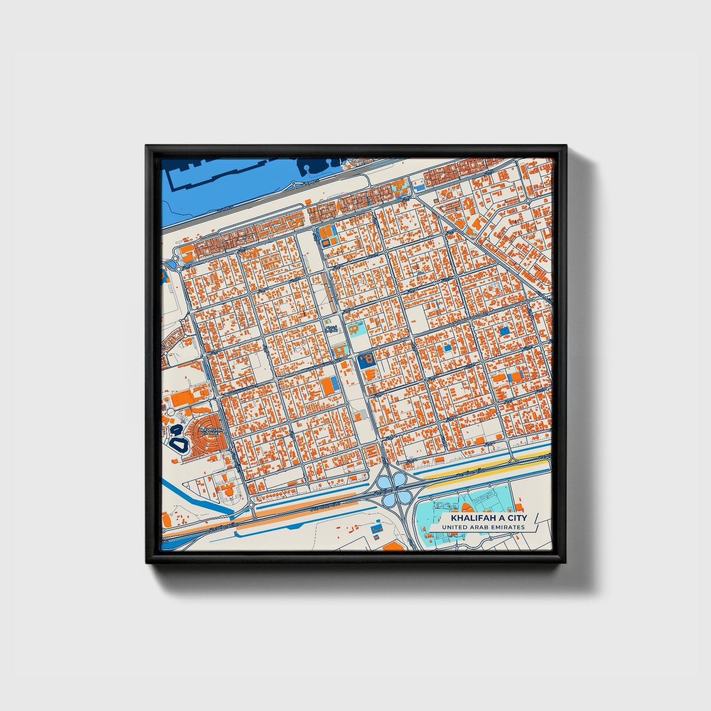 Khalifah A City United Arab Emirates Colorful City Map Canvas Print • Black Framed