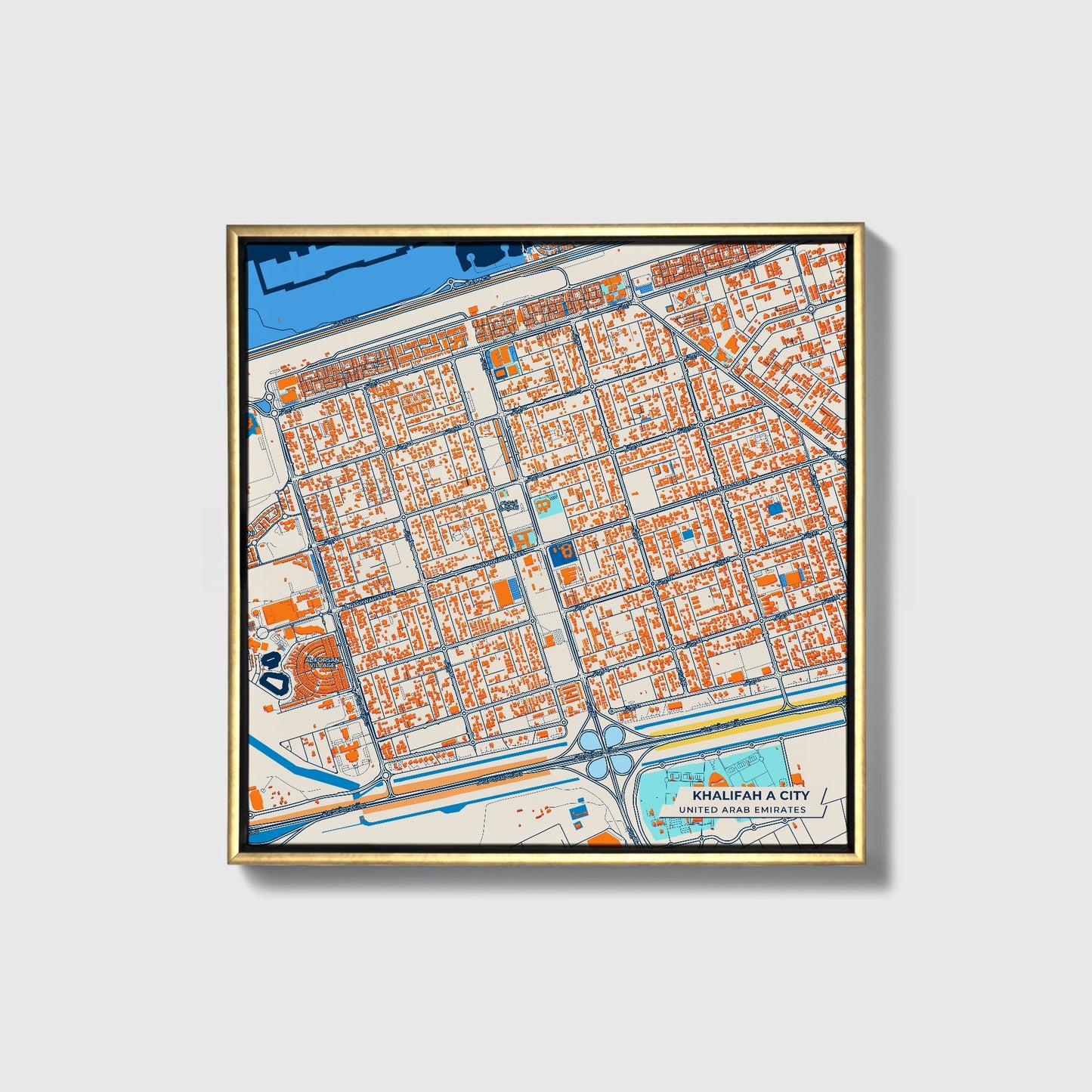 Khalifah A City United Arab Emirates Colorful City Map Canvas Print • Gold Framed