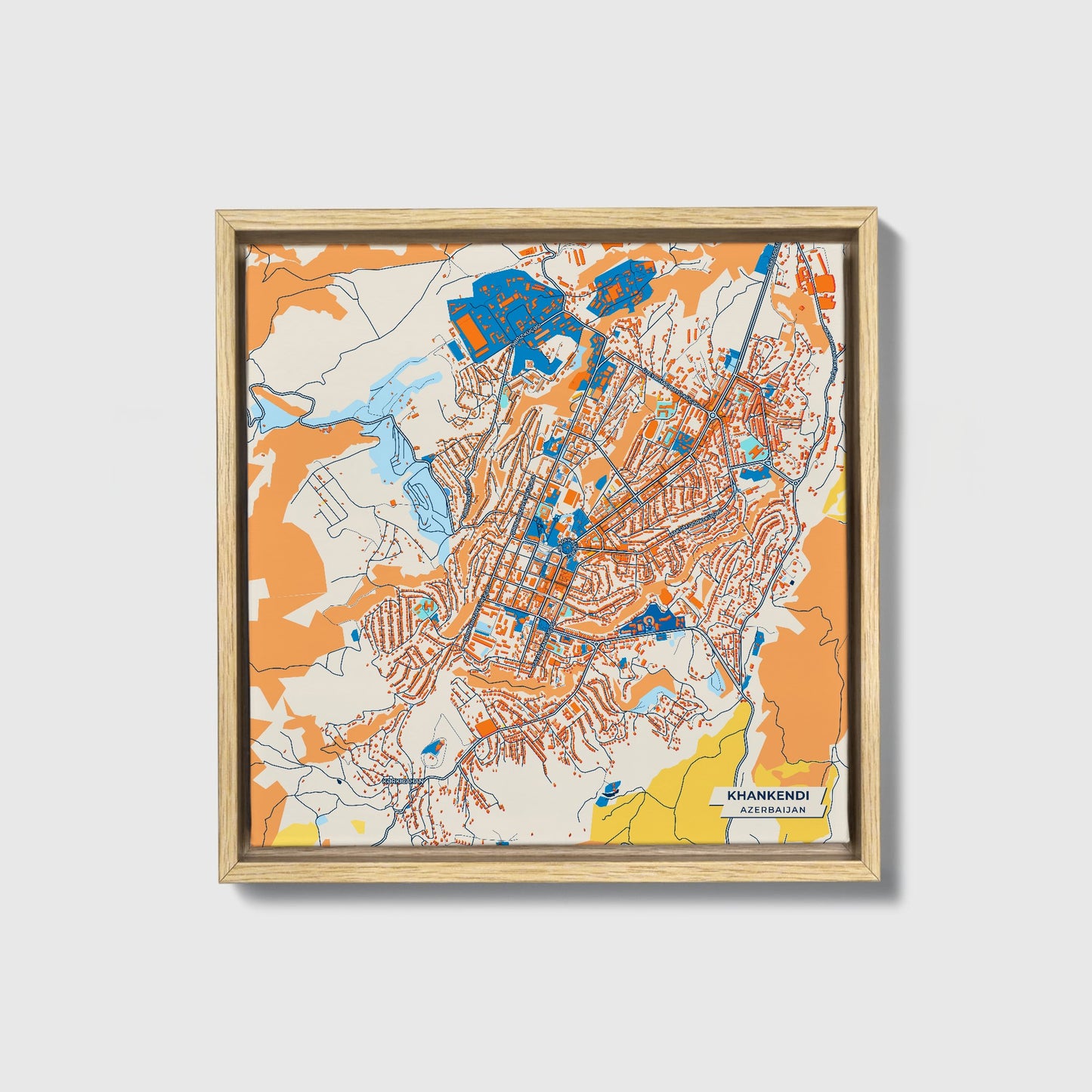 Khankendi Azerbaijan Colorful City Map Canvas Print • Natural Wooden Framed