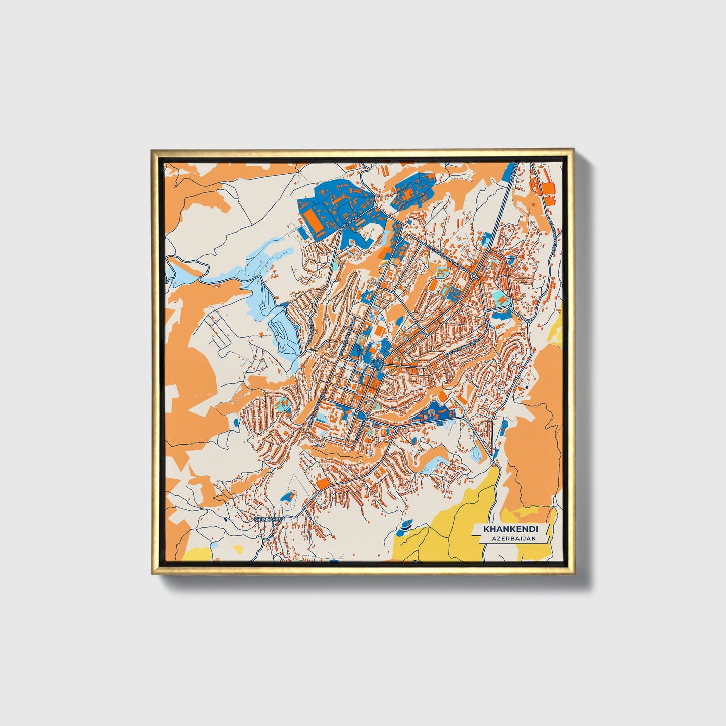 Khankendi Azerbaijan Colorful City Map Canvas Print • Gold Framed
